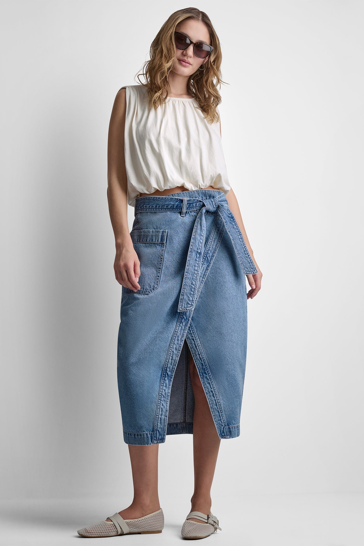HIGH-RISE DENIM WRAP SKIRT