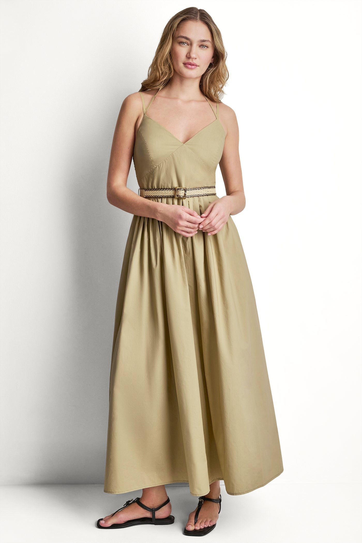 STRAPPY V-NECK MAXI DRESS WITH RAFFIA BELT