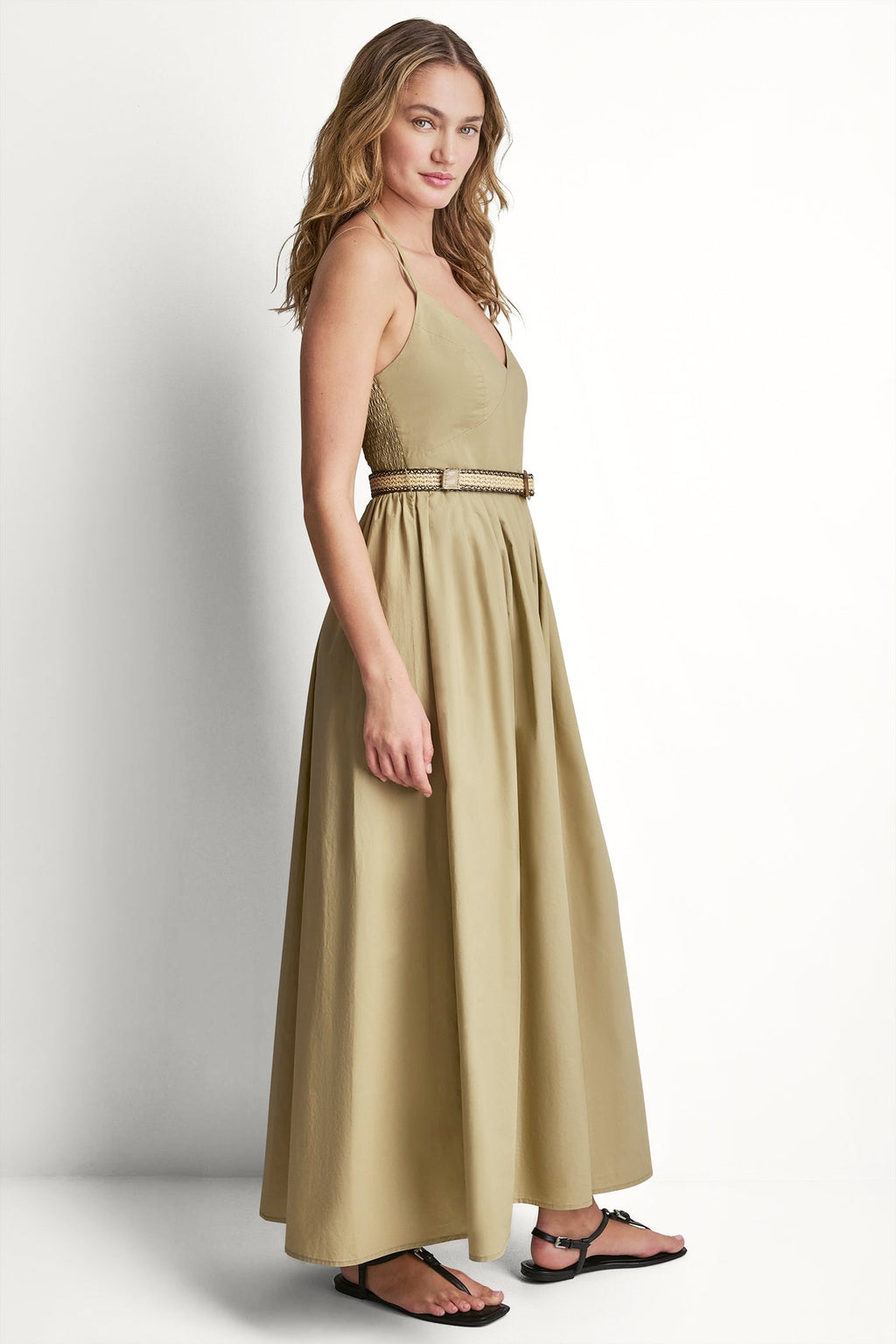 STRAPPY V-NECK MAXI DRESS WITH RAFFIA BELT