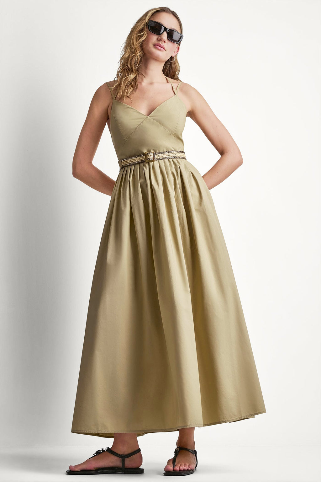 STRAPPY V-NECK MAXI DRESS WITH RAFFIA BELT