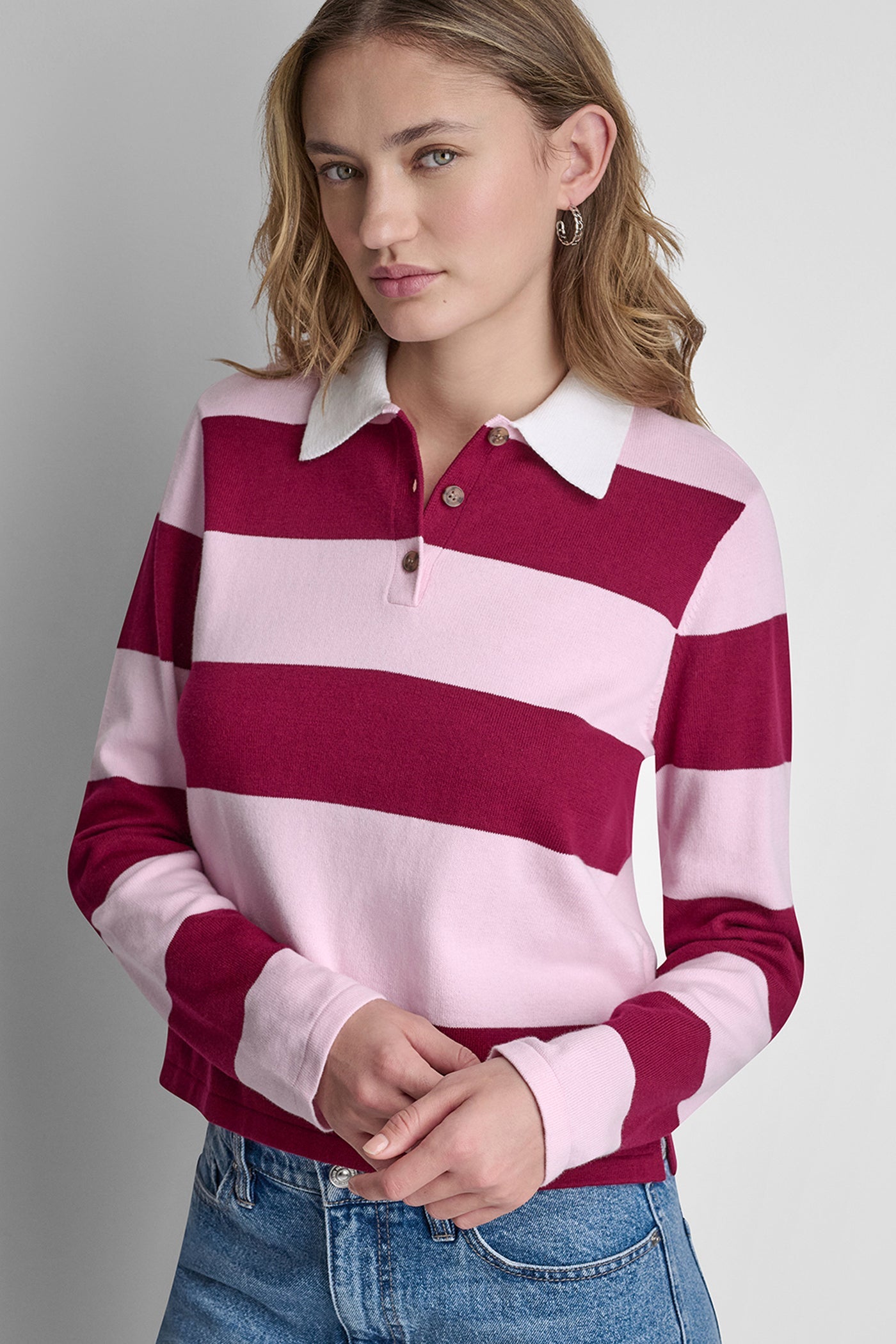 LONG SLEEVE STRIPE POLO SWEATER
