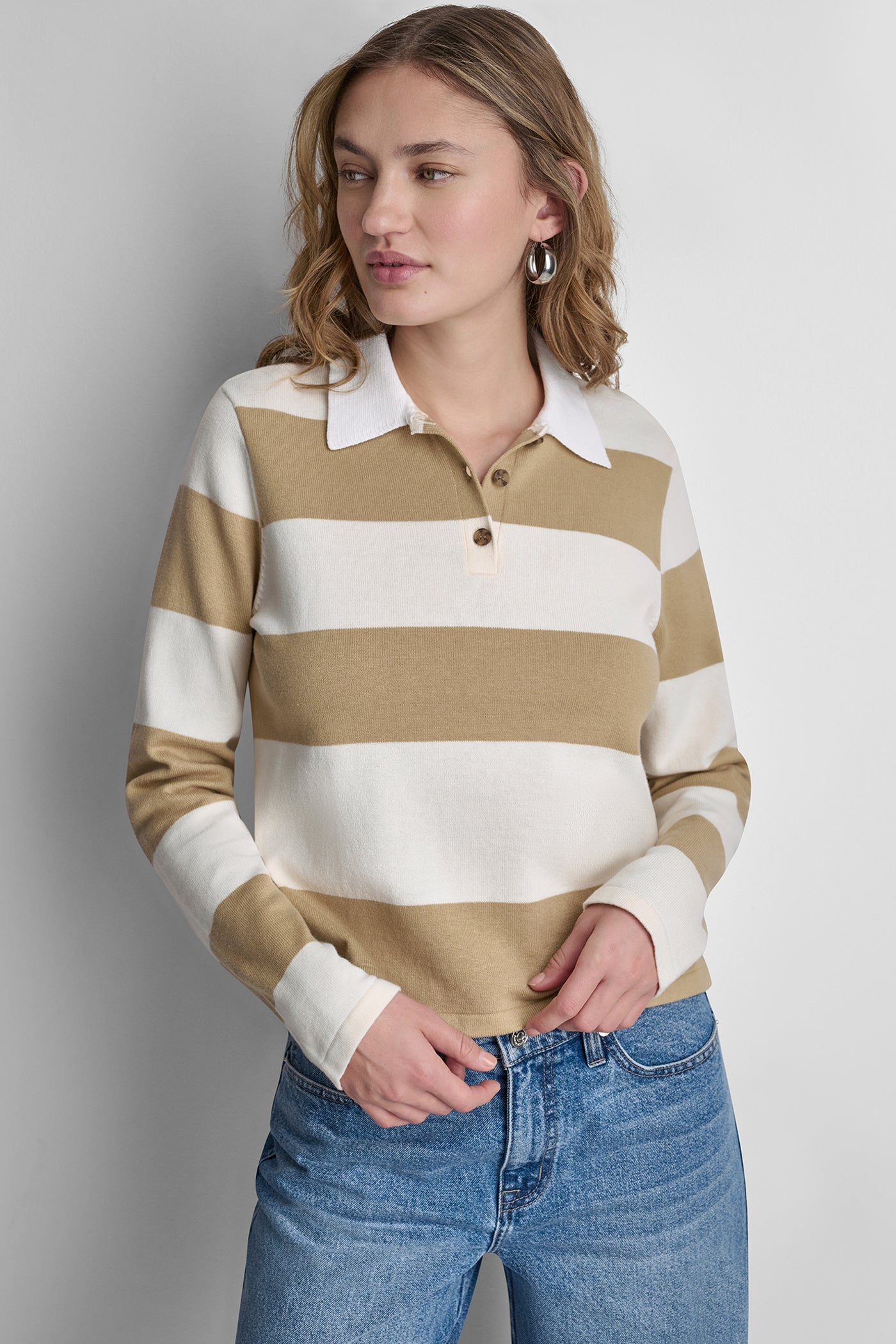 LONG SLEEVE STRIPE POLO SWEATER