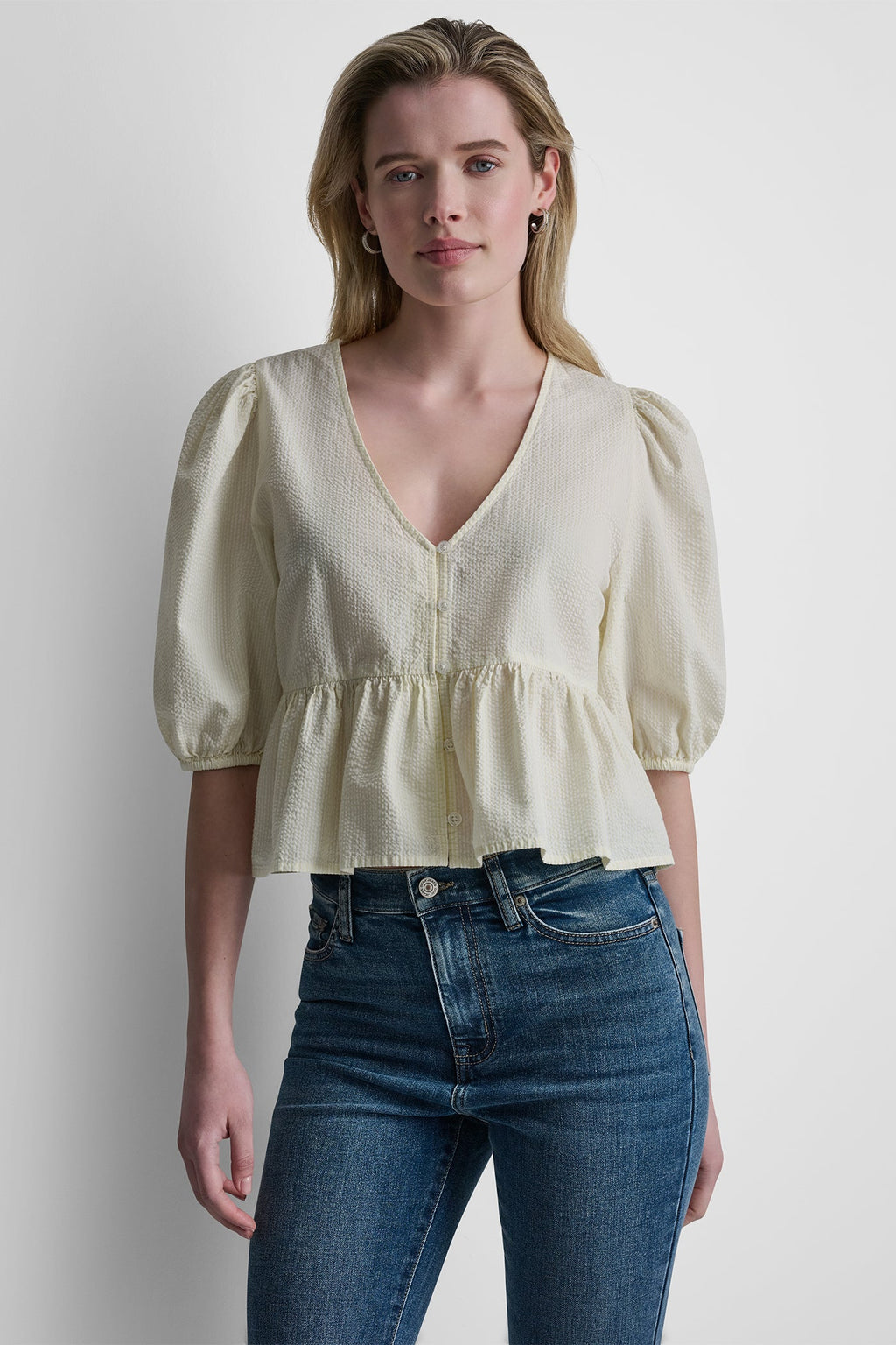PUFF SLEEVE V-NECK SHIRT