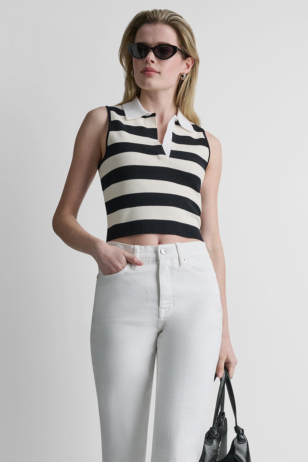 STRIPED SLEVELESS POLO SWEATER