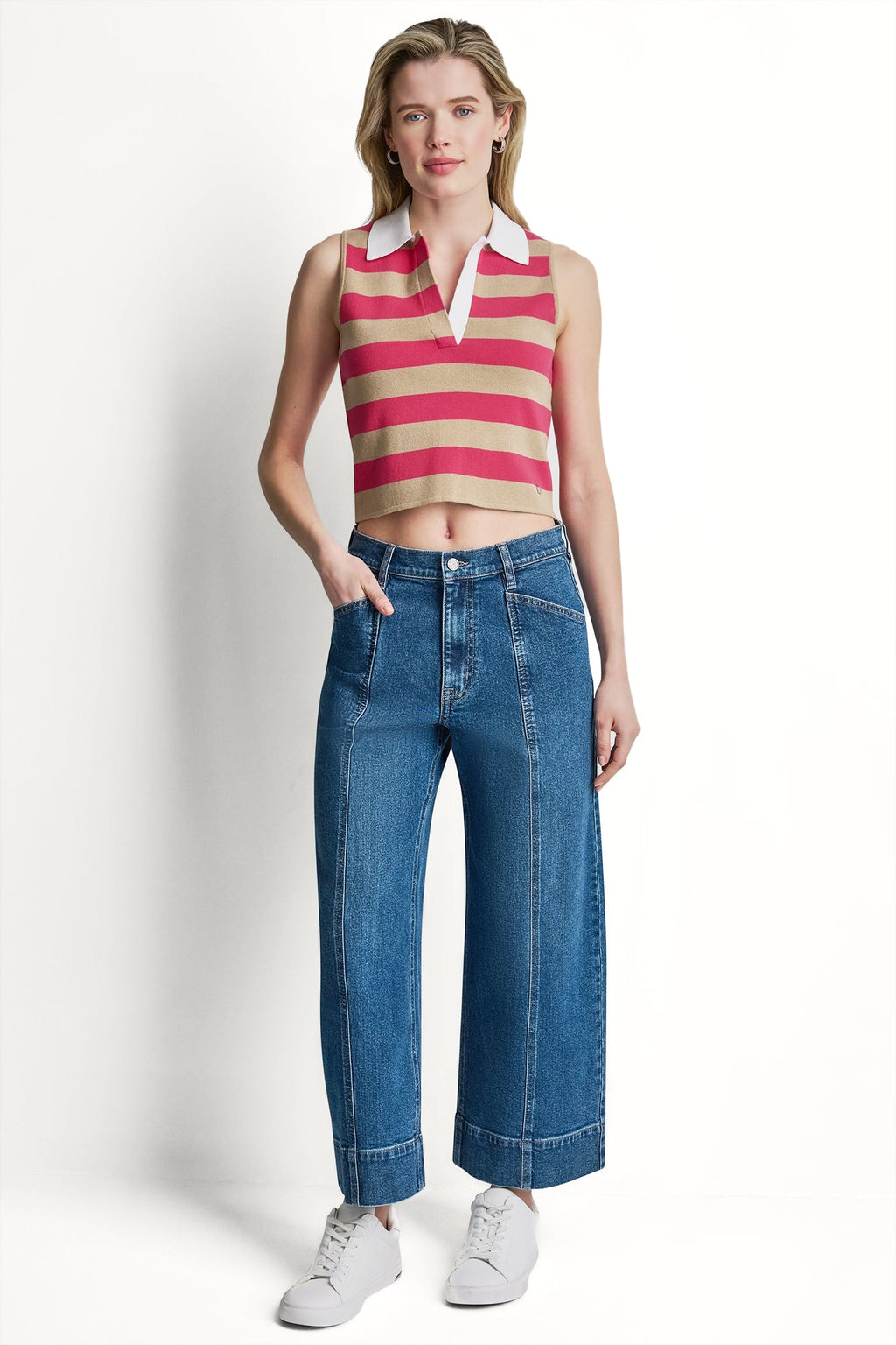 STRIPED SLEVELESS POLO SWEATER