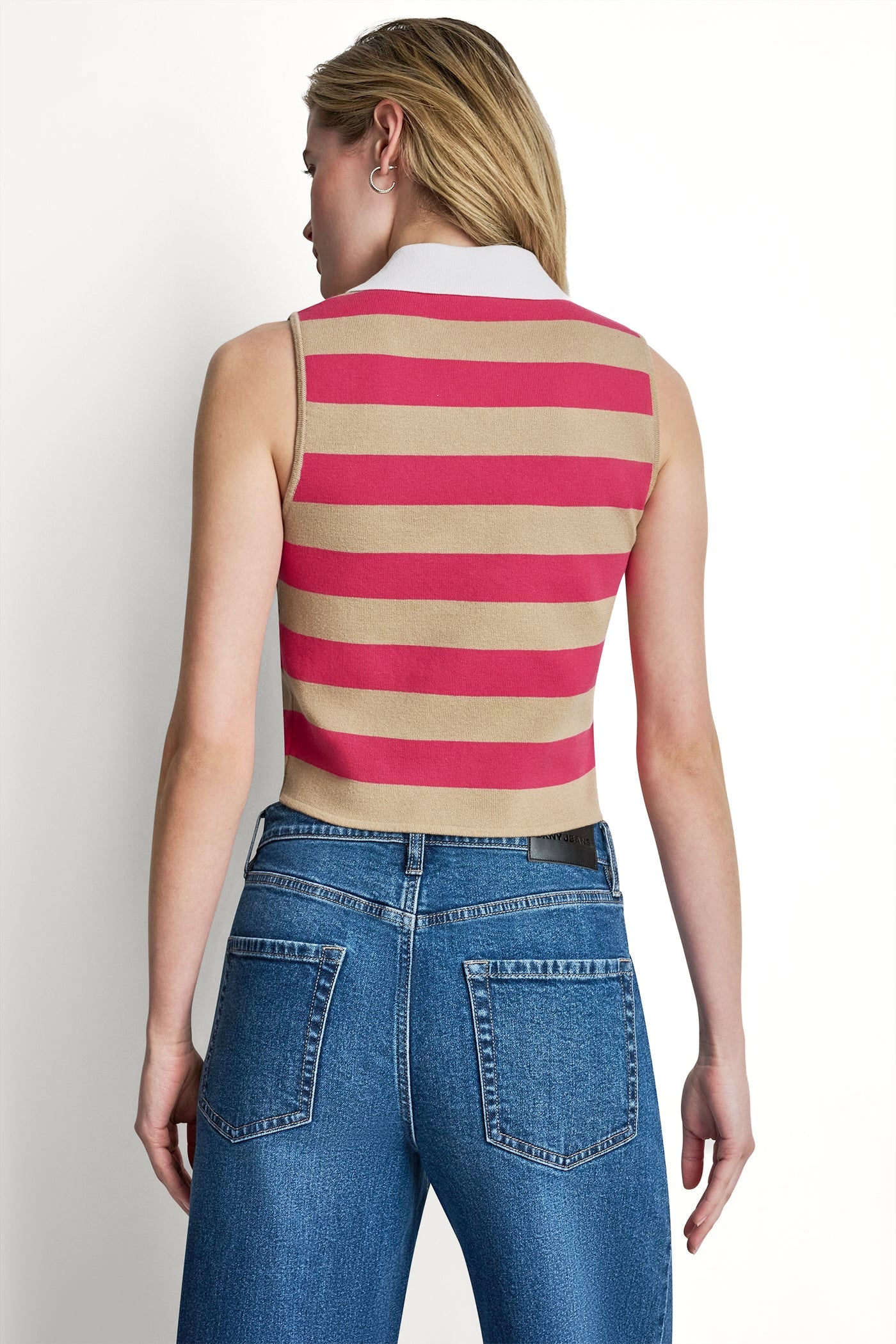 STRIPED SLEVELESS POLO SWEATER