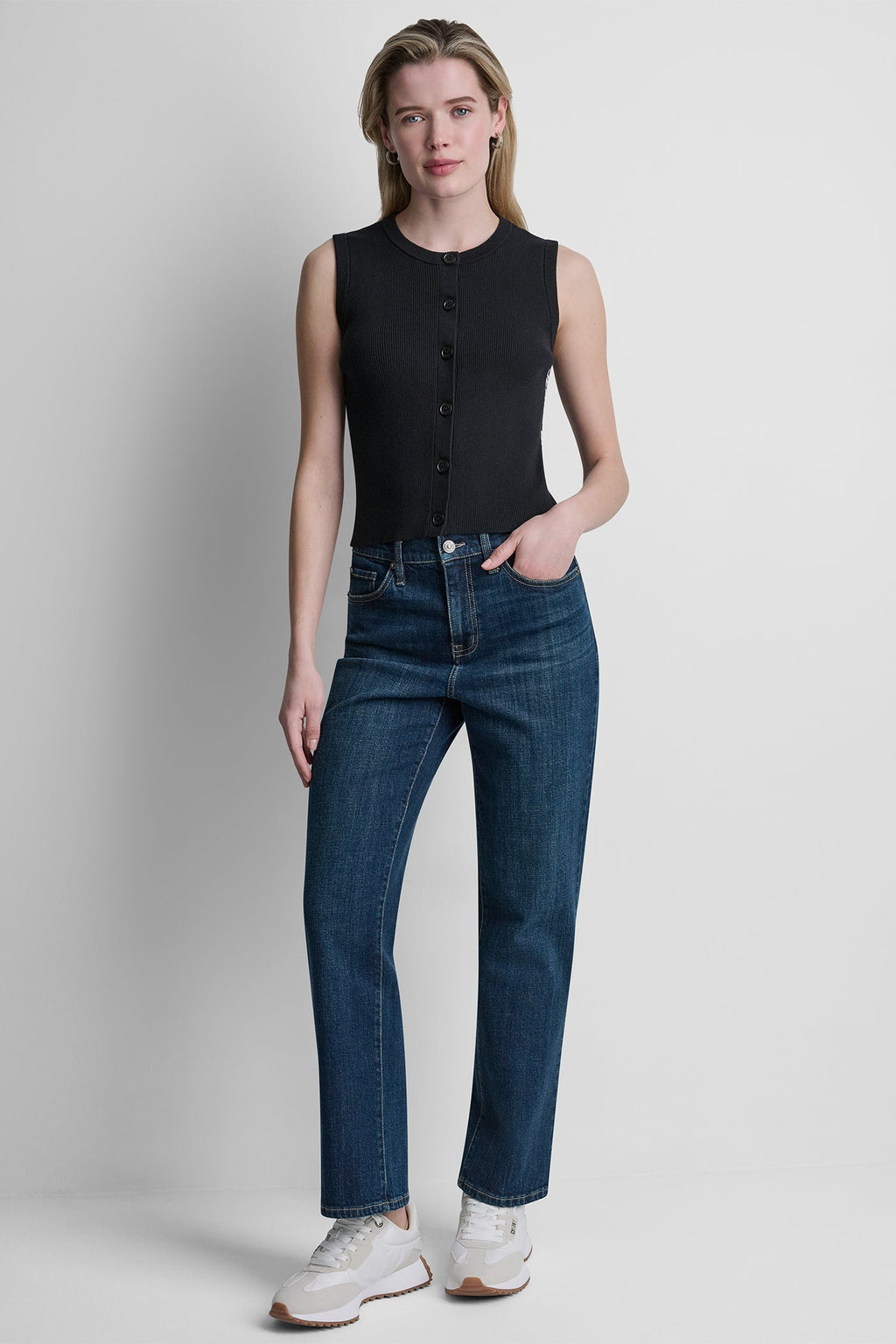 CROPPED SLEEVELESS LOGO TRIM SWEATER
