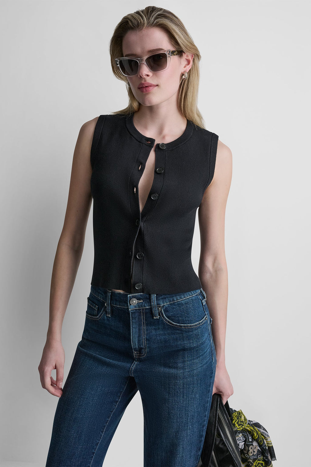 CROPPED SLEEVELESS LOGO TRIM SWEATER