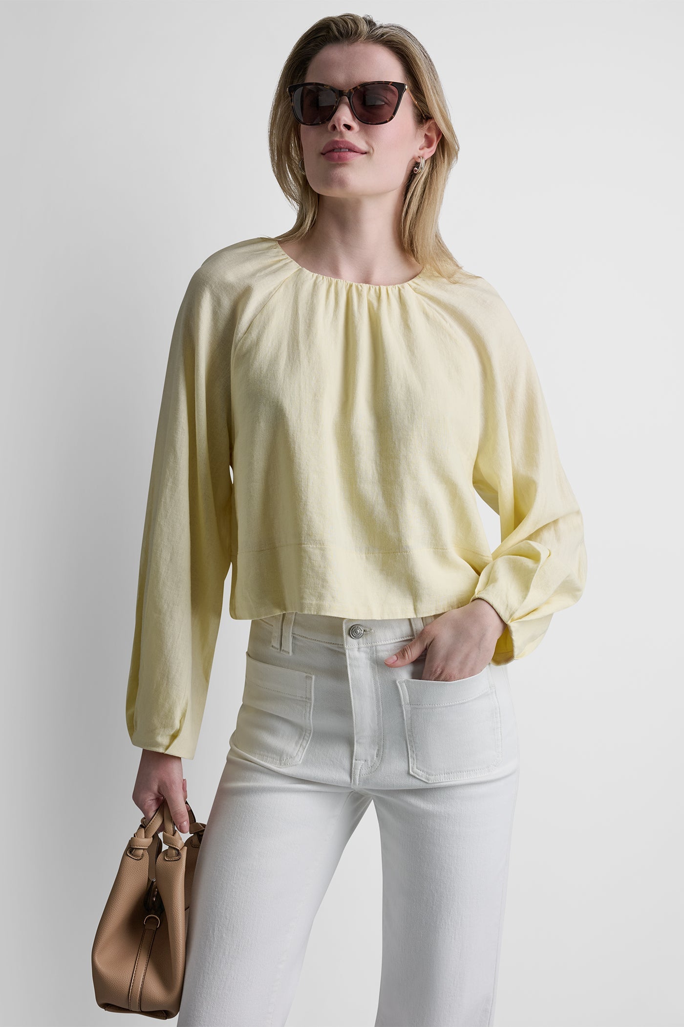 LINEN-BLEND RAGLAN SLEEVE BLOUSE
