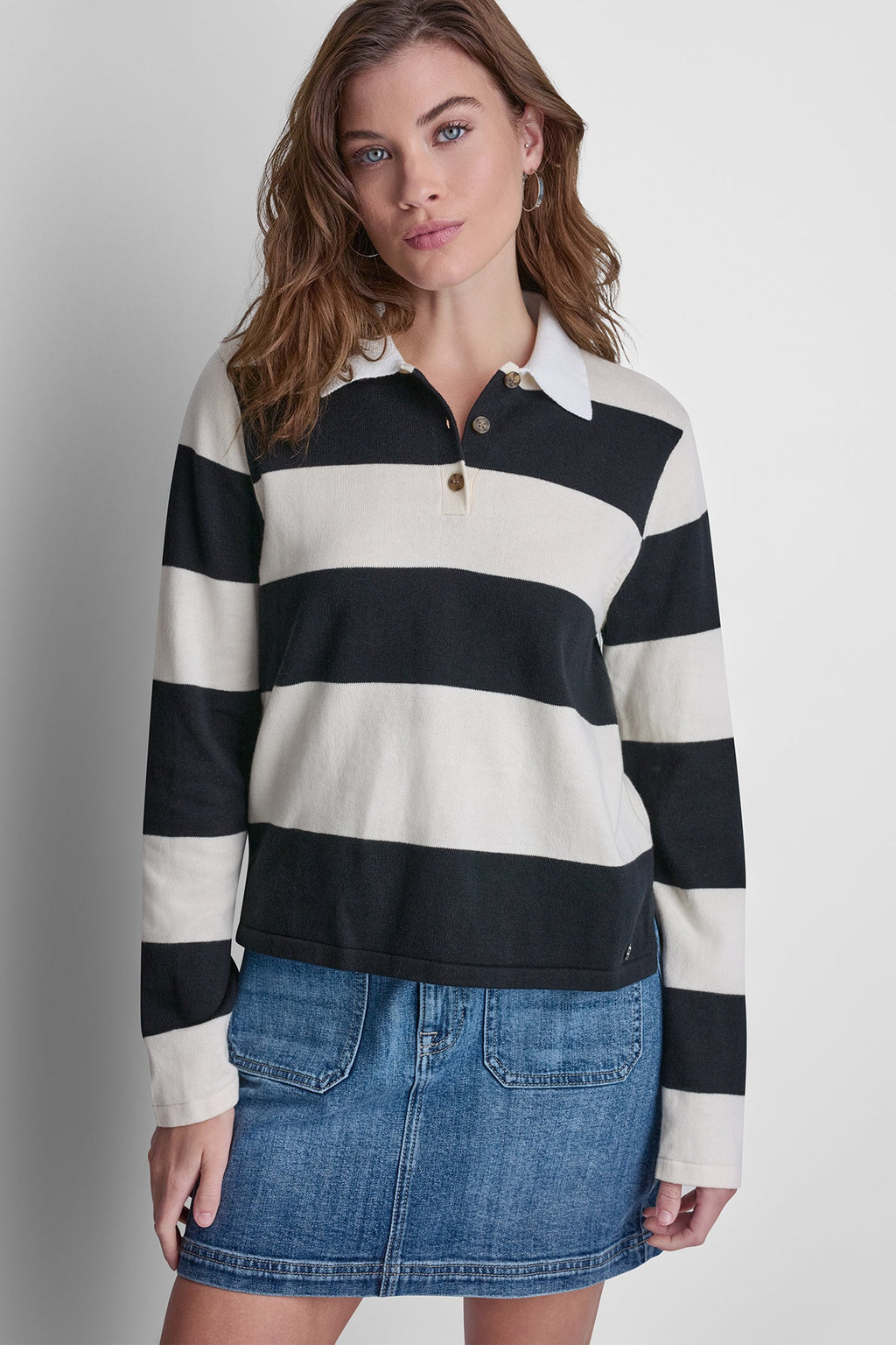 LONG SLEEVE STRIPE POLO SWEATER