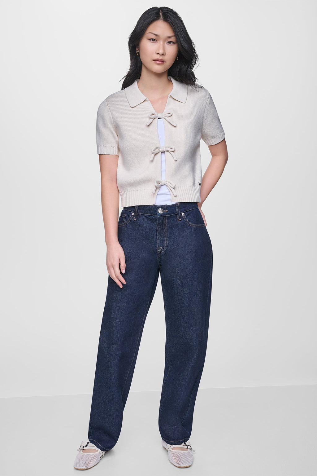SHORT SLEEVE TIE FRONT POLO SWEATER