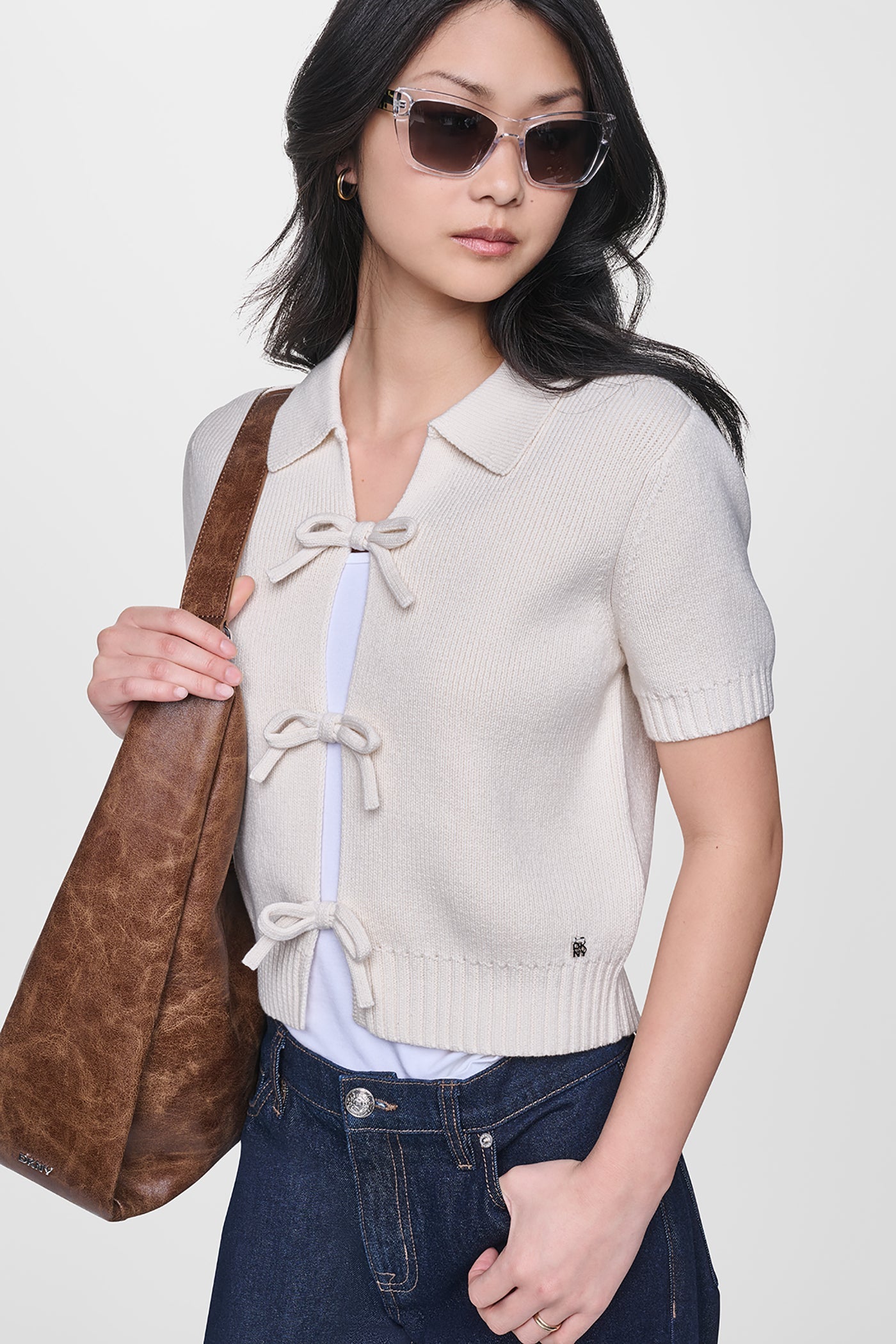 SHORT SLEEVE TIE FRONT POLO SWEATER
