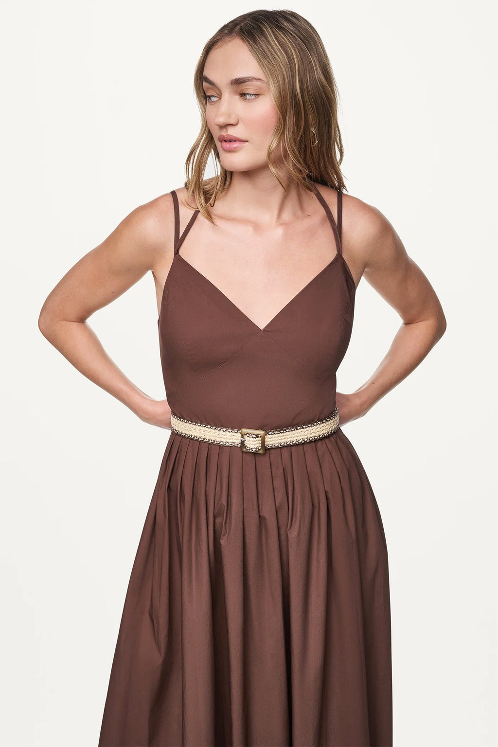 STRAPPY V-NECK MAXI DRESS WITH RAFFIA BELT