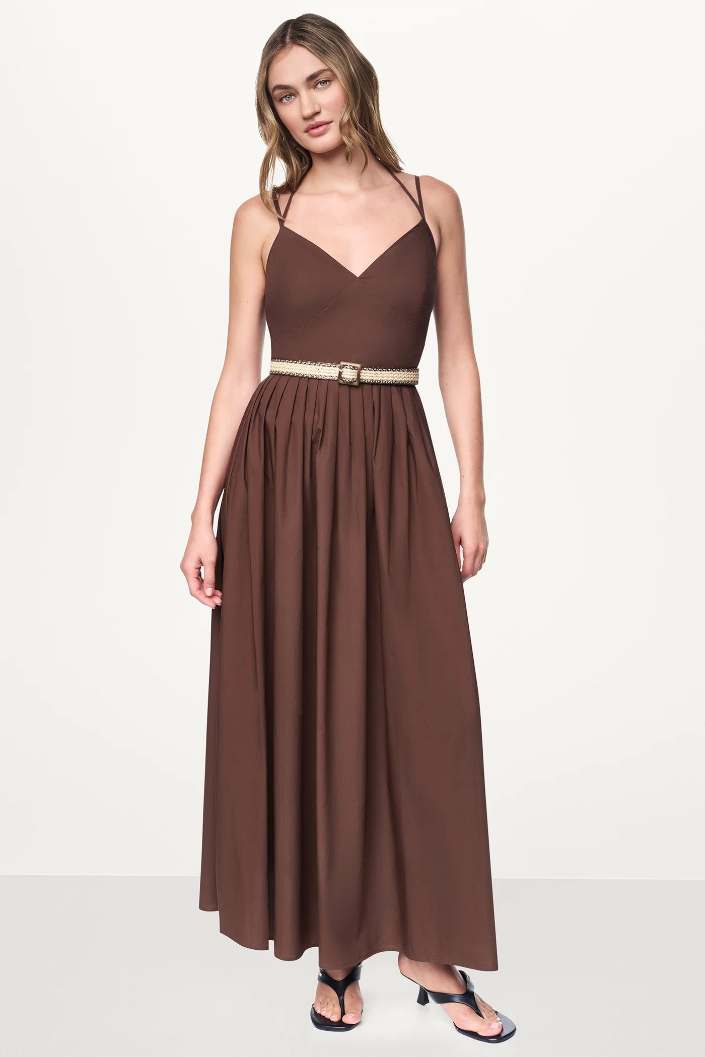 STRAPPY V-NECK MAXI DRESS WITH RAFFIA BELT