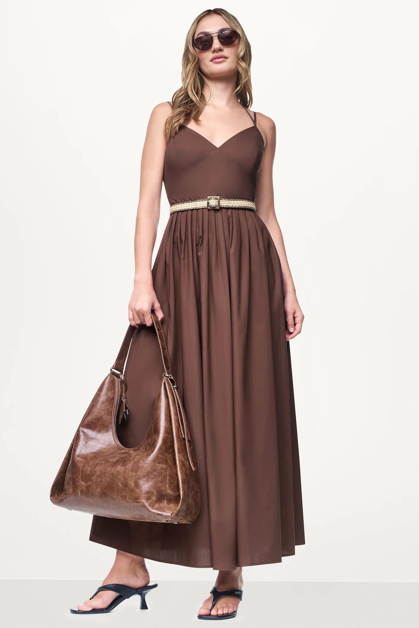 STRAPPY V-NECK MAXI DRESS WITH RAFFIA BELT