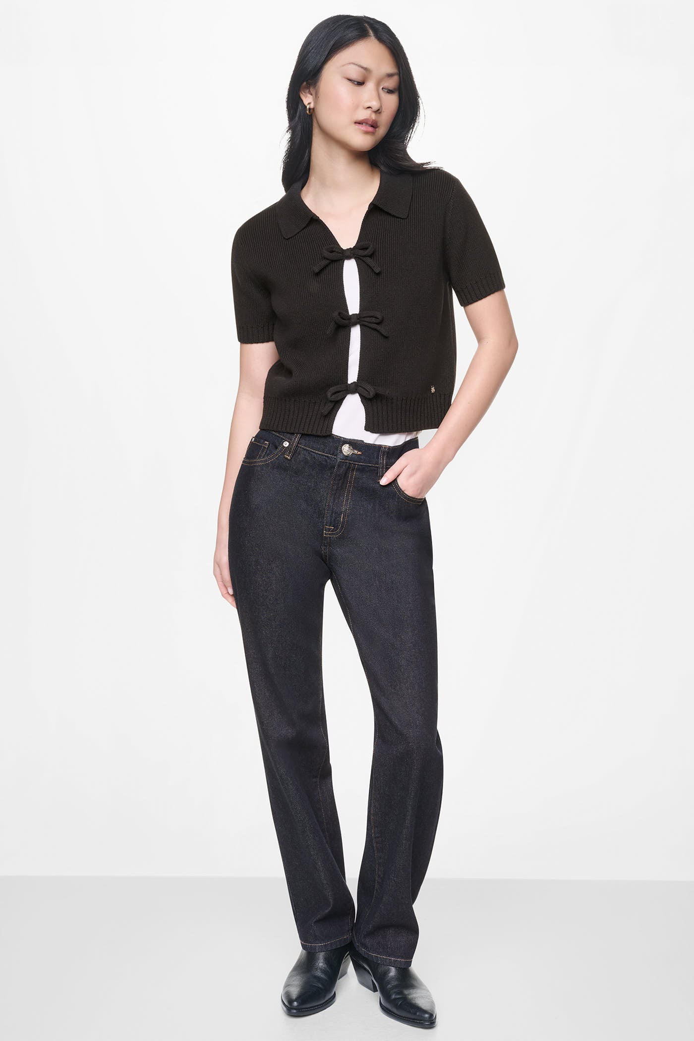 SHORT SLEEVE TIE FRONT POLO SWEATER