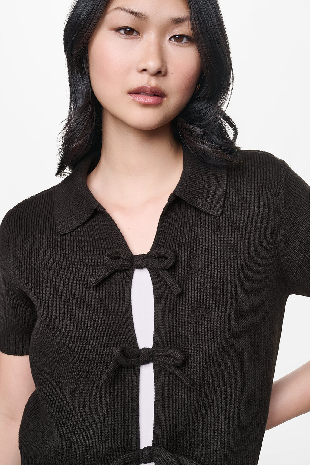 SHORT SLEEVE TIE FRONT POLO SWEATER