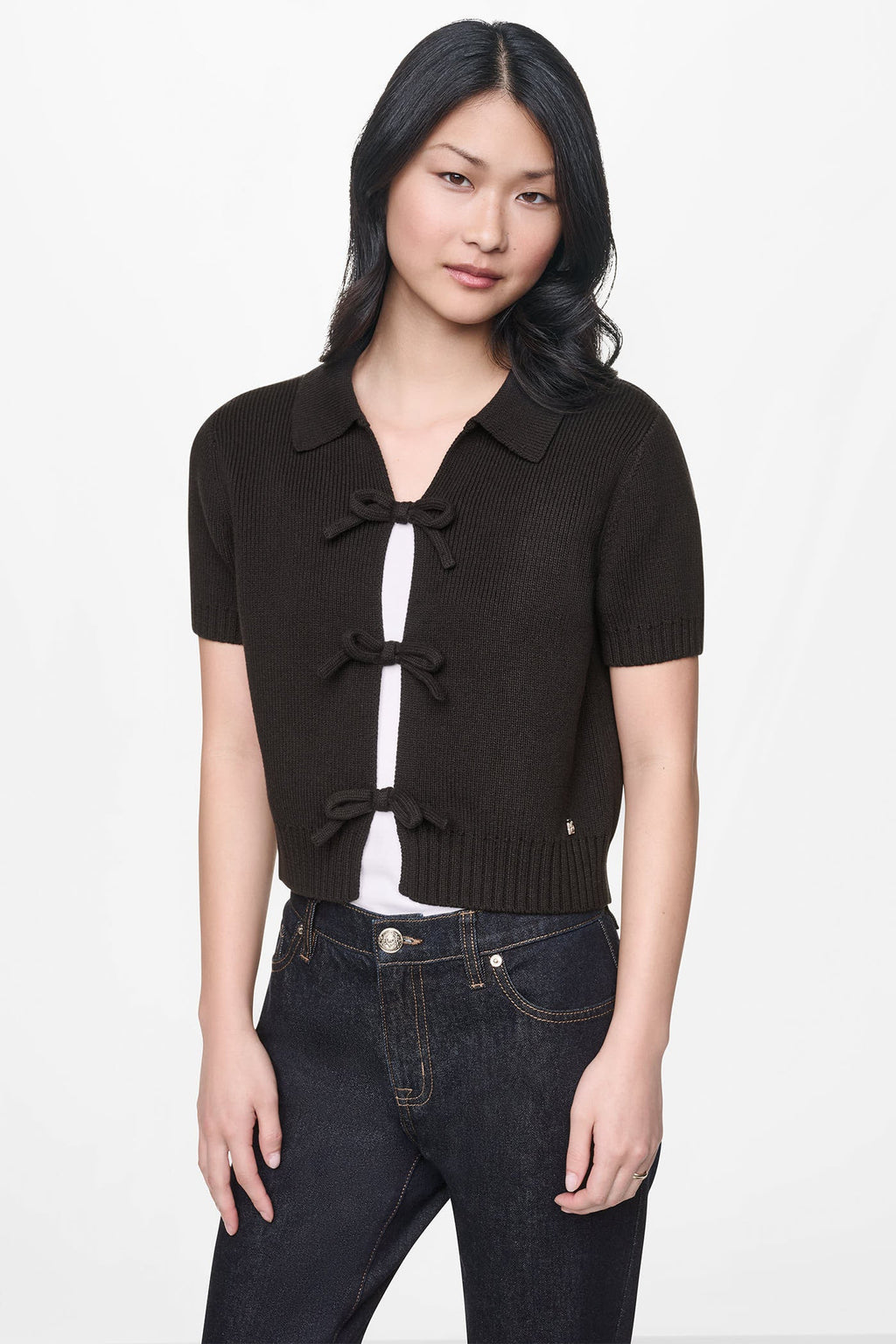 SHORT SLEEVE TIE FRONT POLO SWEATER