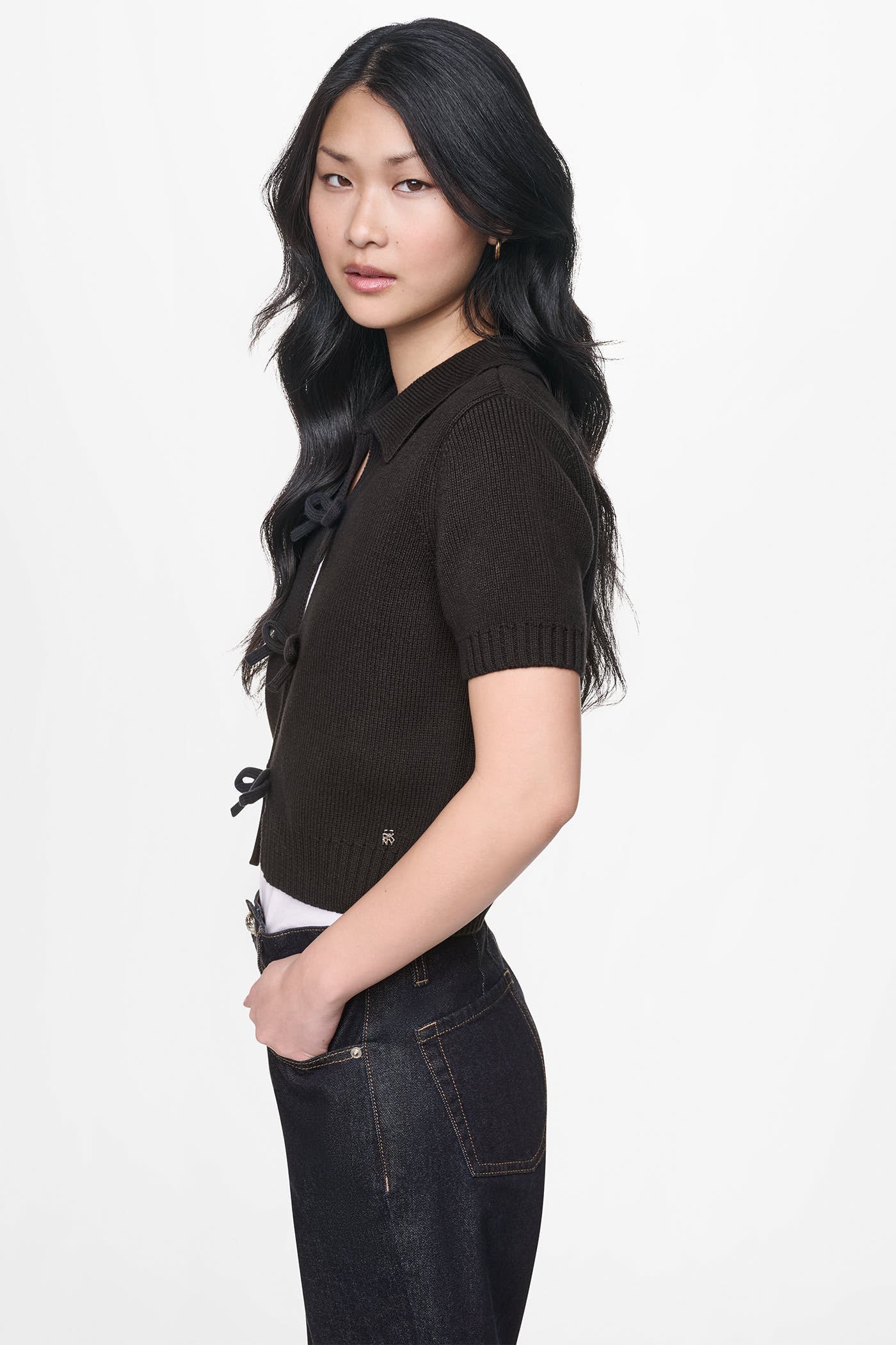 SHORT SLEEVE TIE FRONT POLO SWEATER