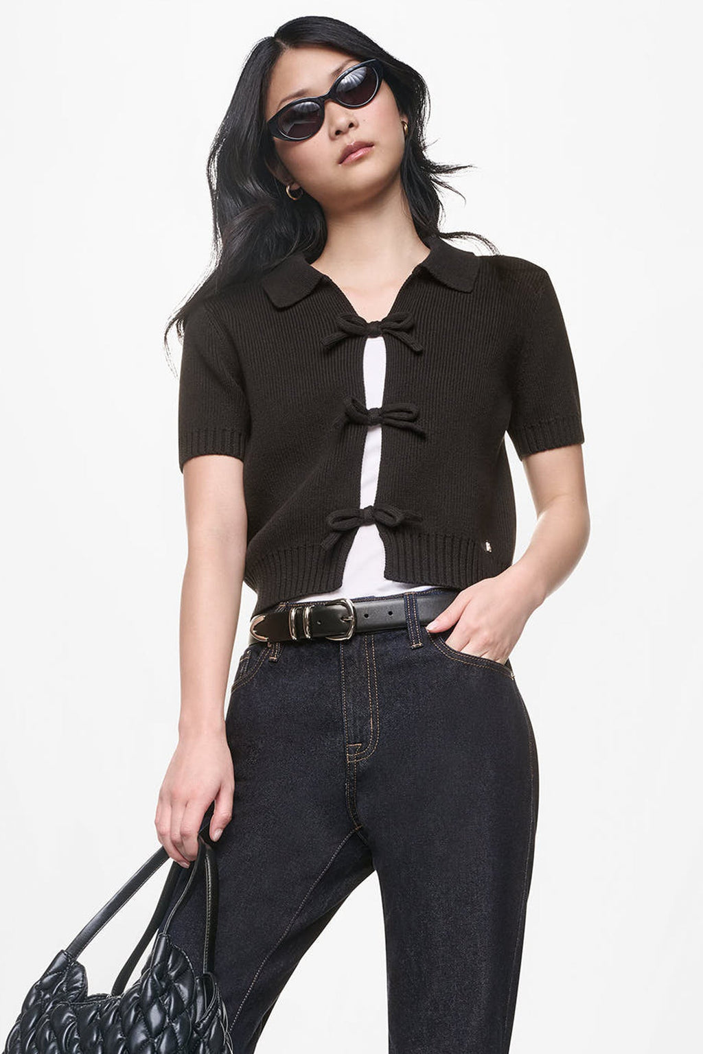 SHORT SLEEVE TIE FRONT POLO SWEATER
