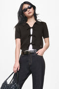 SHORT SLEEVE TIE FRONT POLO SWEATER