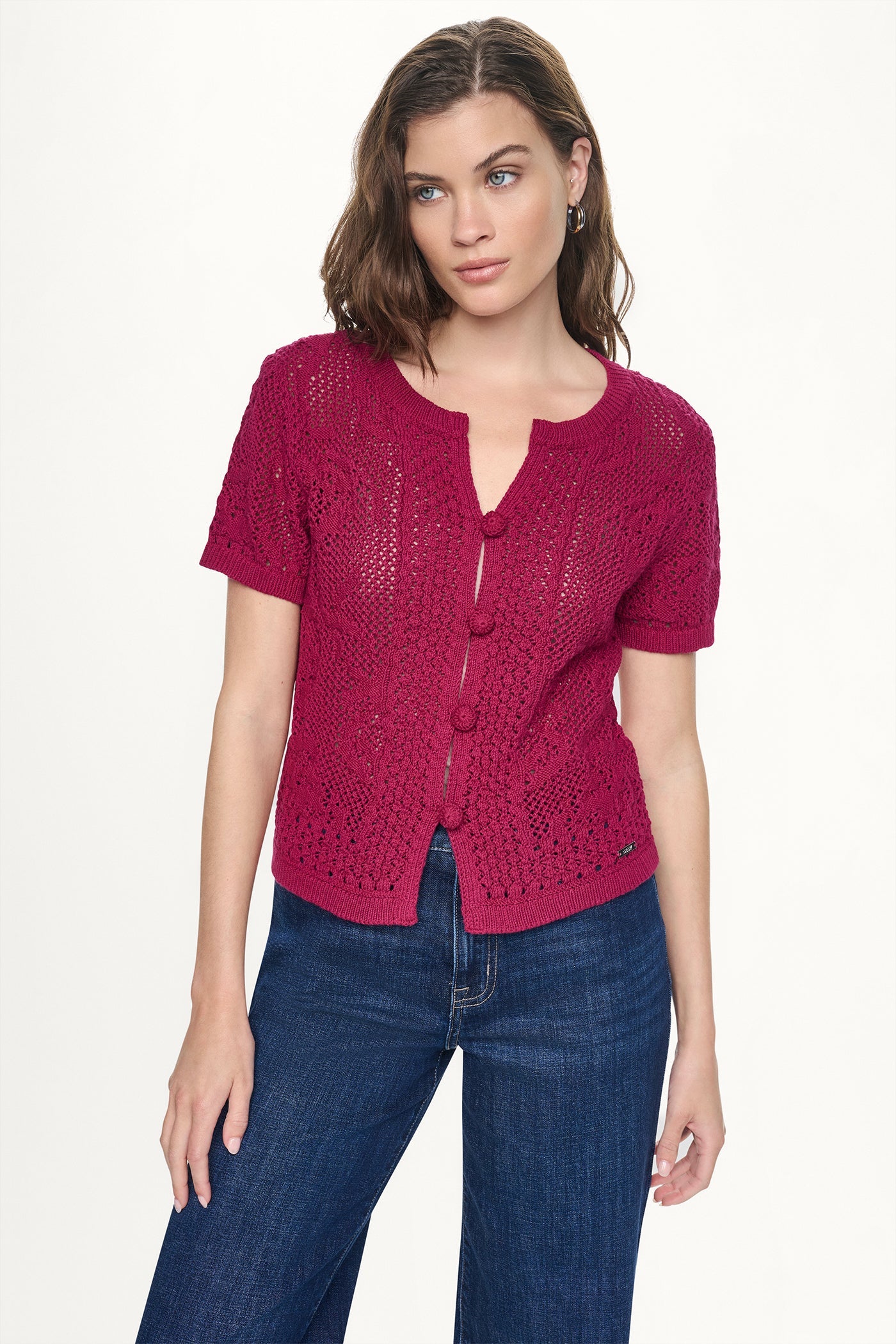 LACE STITCH BUTTON FRONT CARDIGAN
