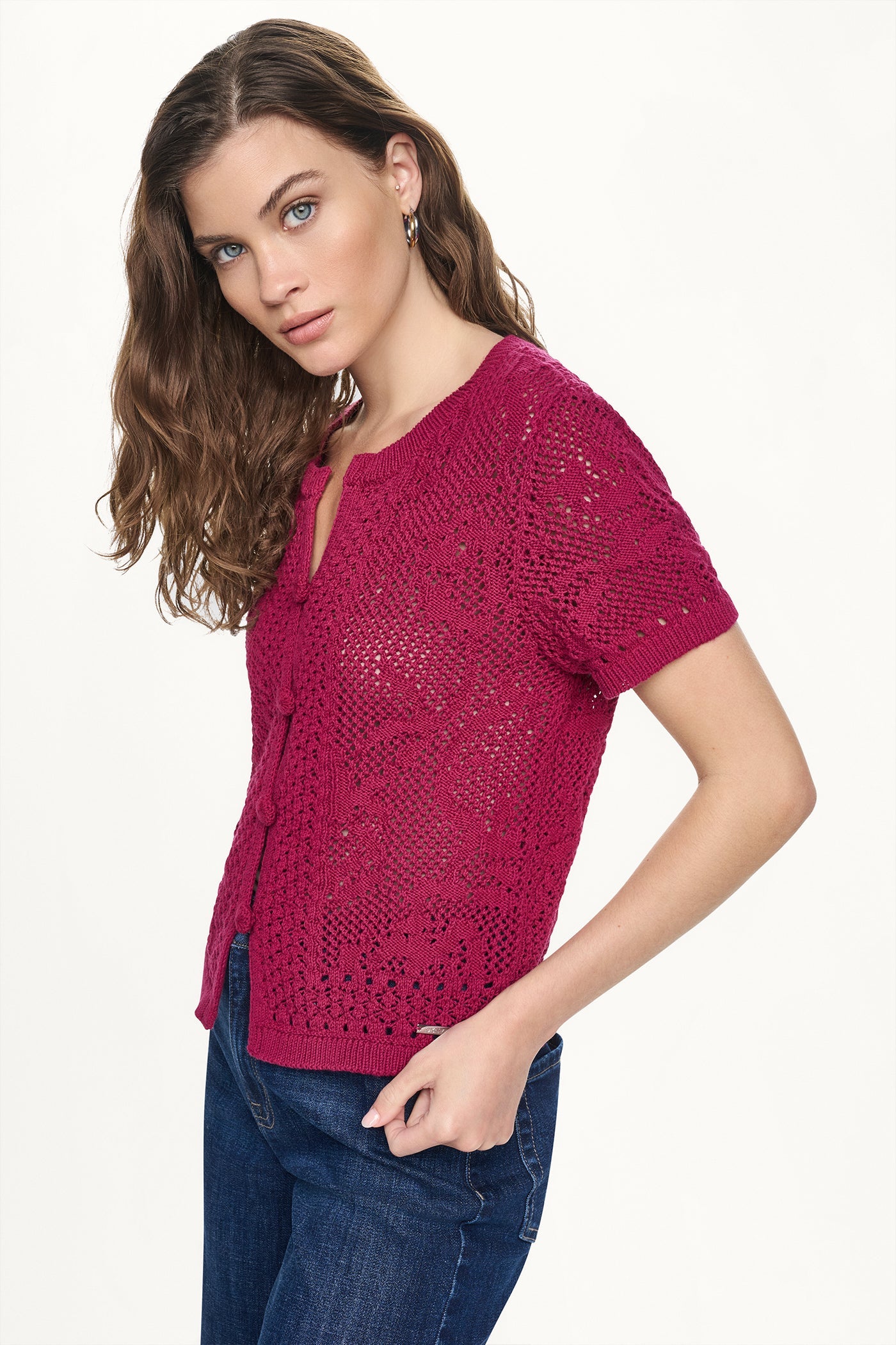 LACE STITCH BUTTON FRONT CARDIGAN