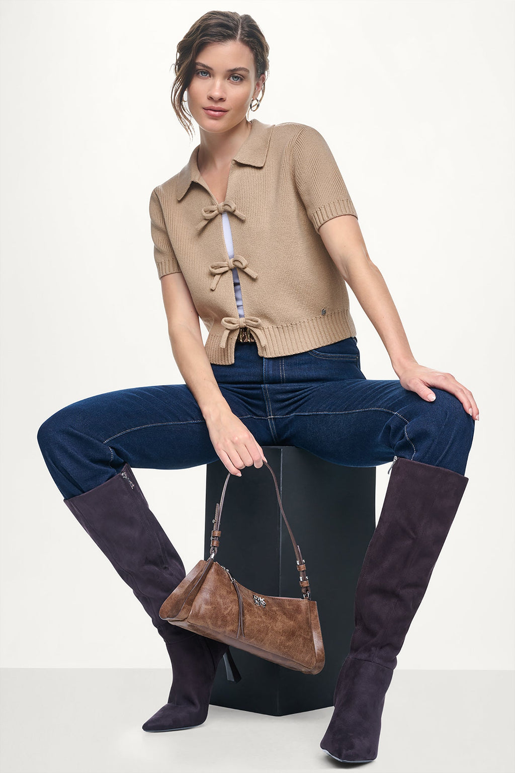 SHORT SLEEVE TIE FRONT POLO SWEATER