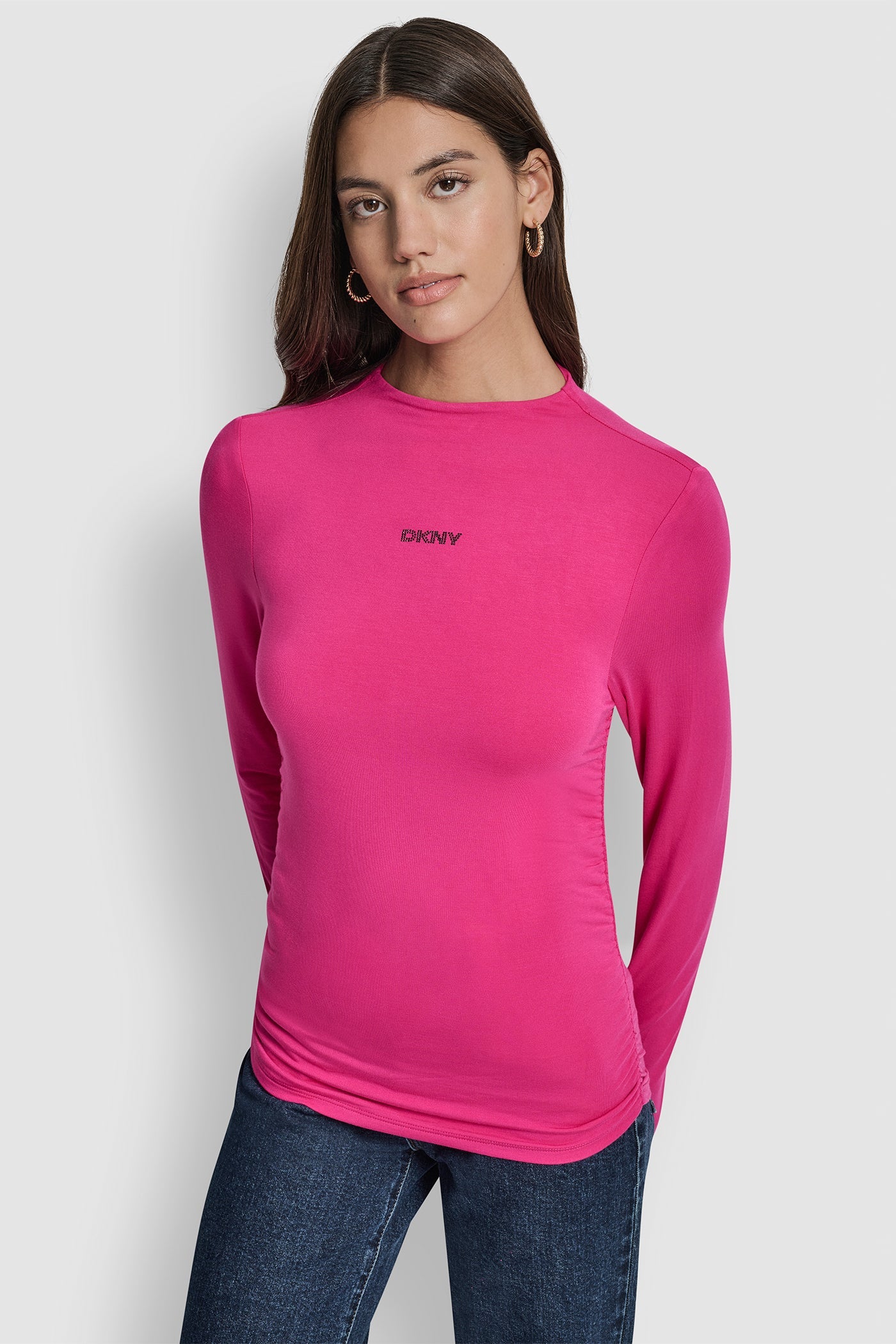 SIDE RUCHED HIGH NECK LONG SLEEVE TOP WITH RHINESTONE