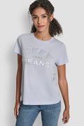DKNY JEANS SATIN APPLIQUE CHAINSTITCH LOGO CREW NECK TEE