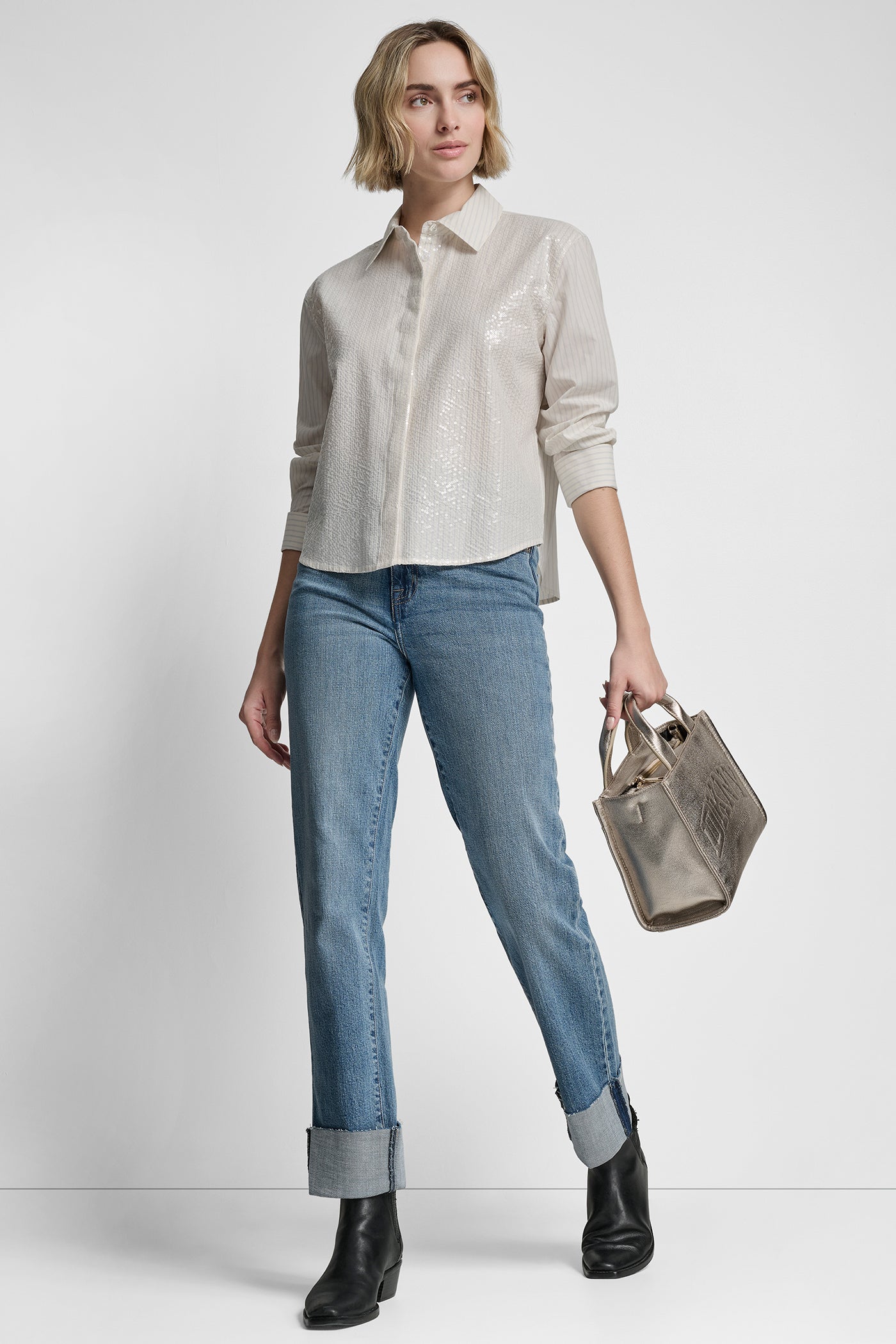 POPLIN BUTTON FRONT SHIRT WITH SEQUINS