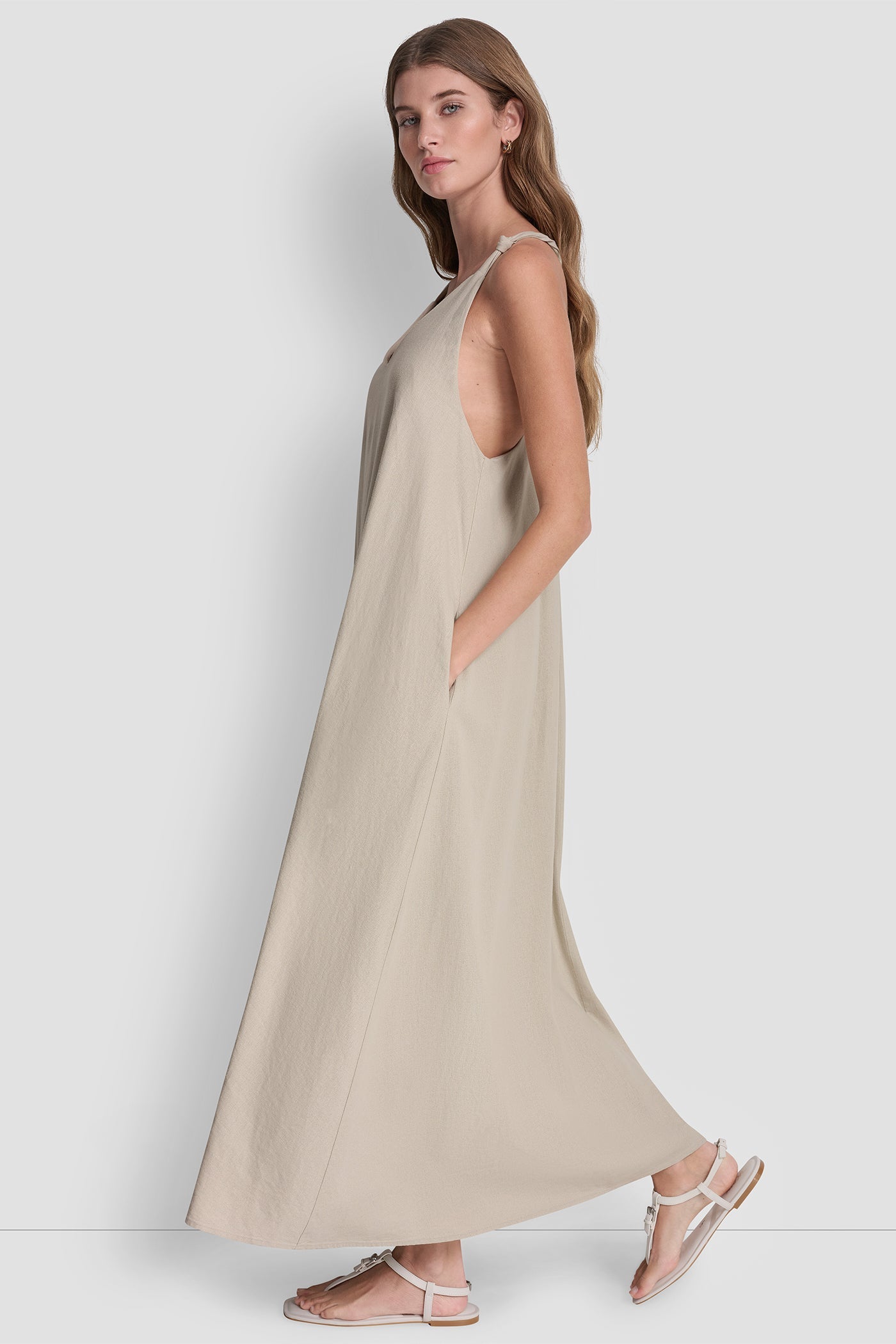 LINEN-BLEND TIE BACK MAXI DRESS