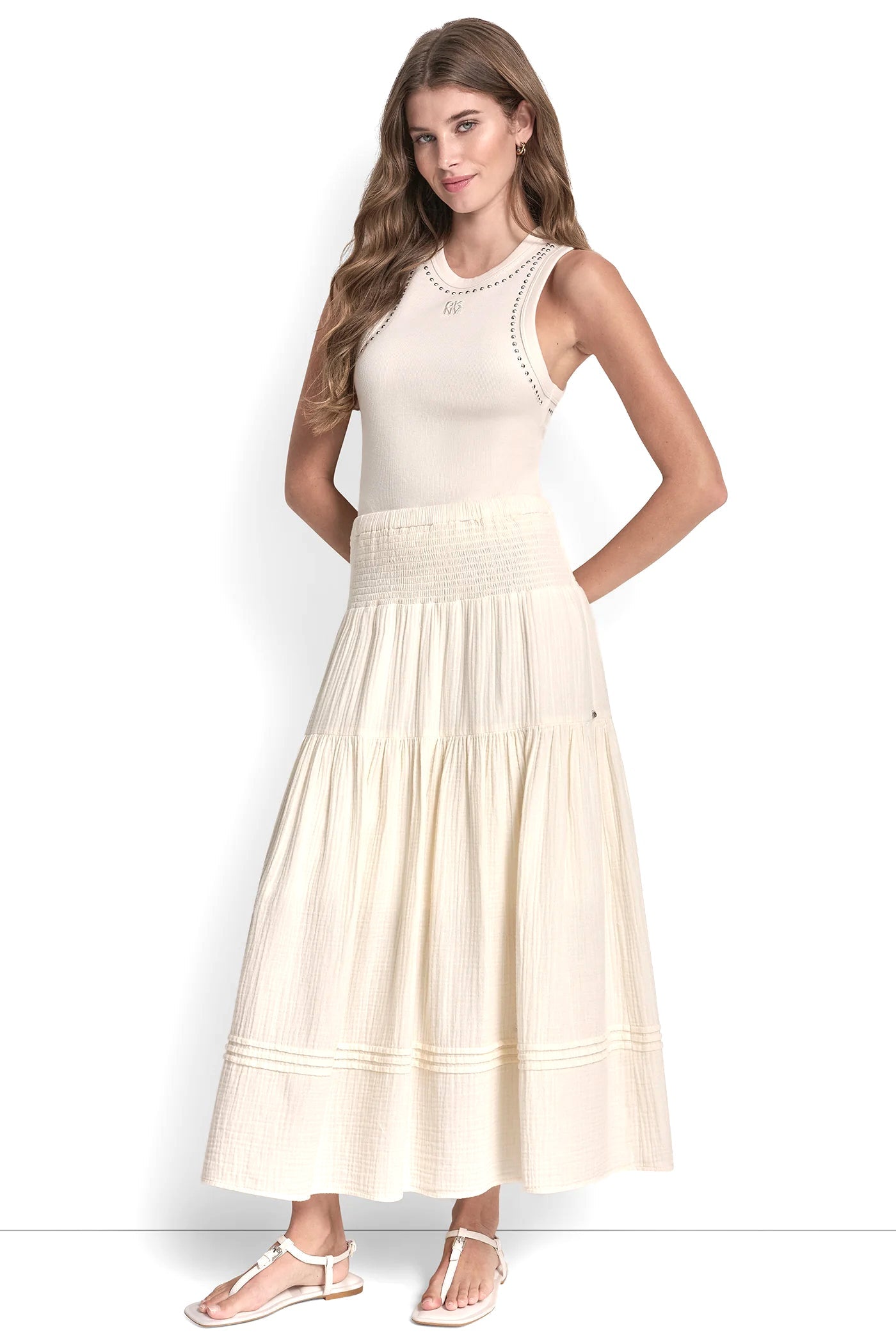 SMOCKED WAIST MAXI TIERED SKIRT
