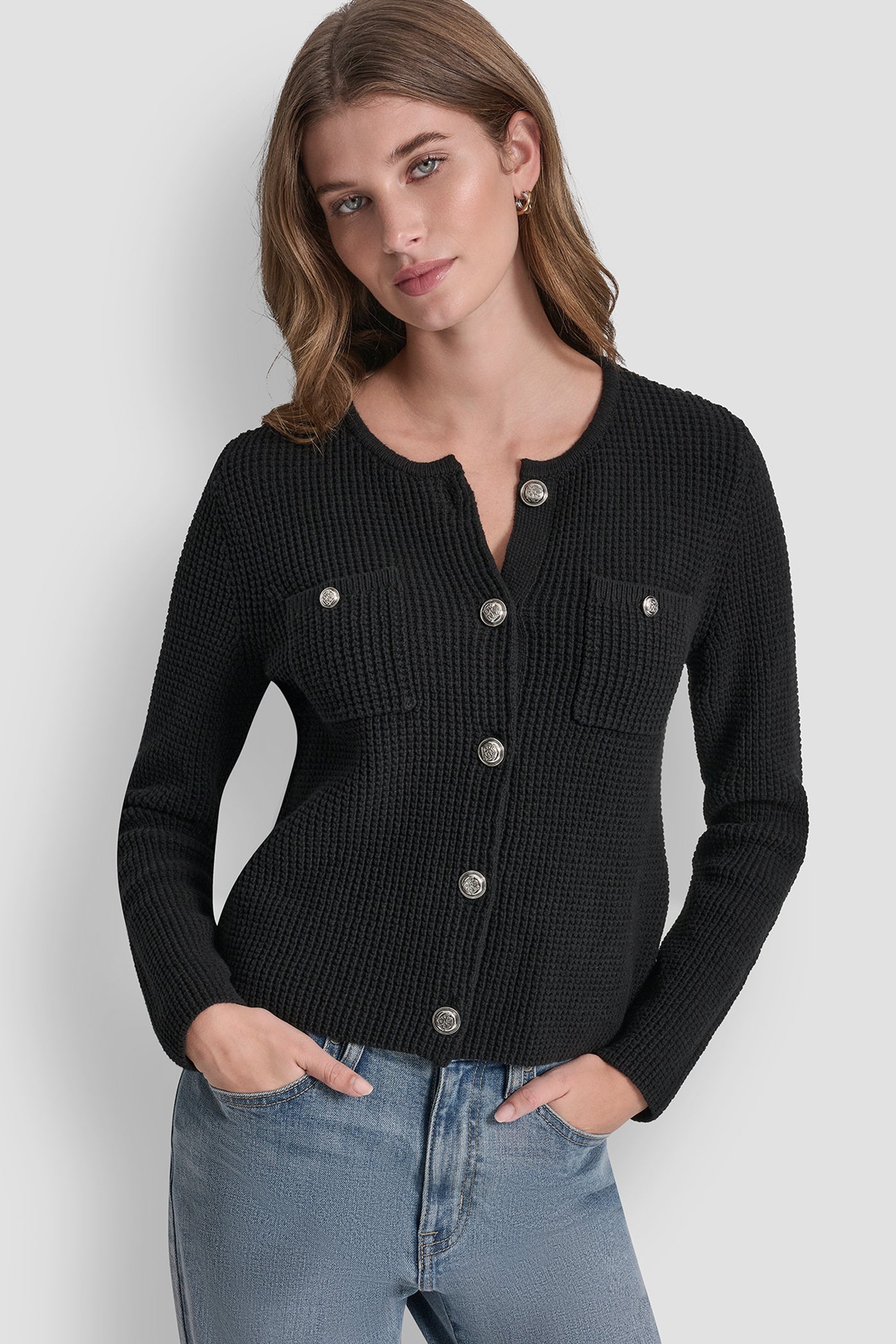 TUCK STITCH CREW NECK CARDIGAN