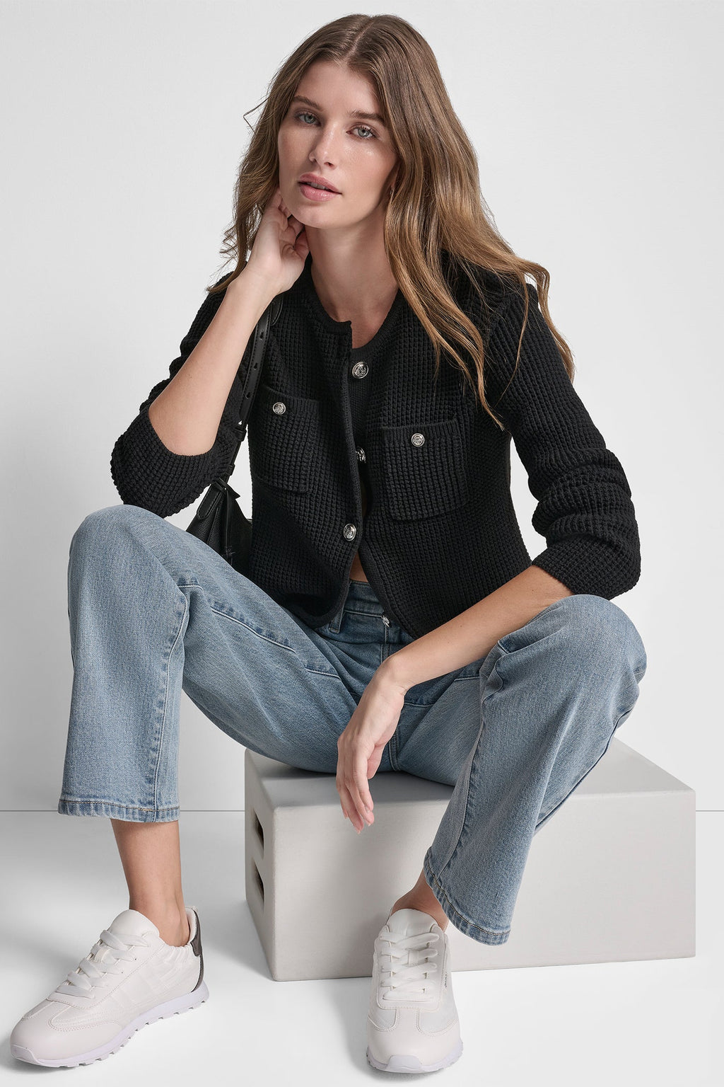 TUCK STITCH CREW NECK CARDIGAN