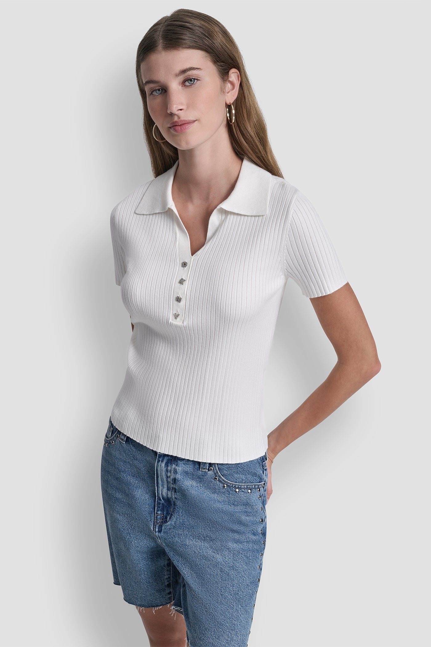 RIBBED POLO WITH RHINESTONE BUTTONS