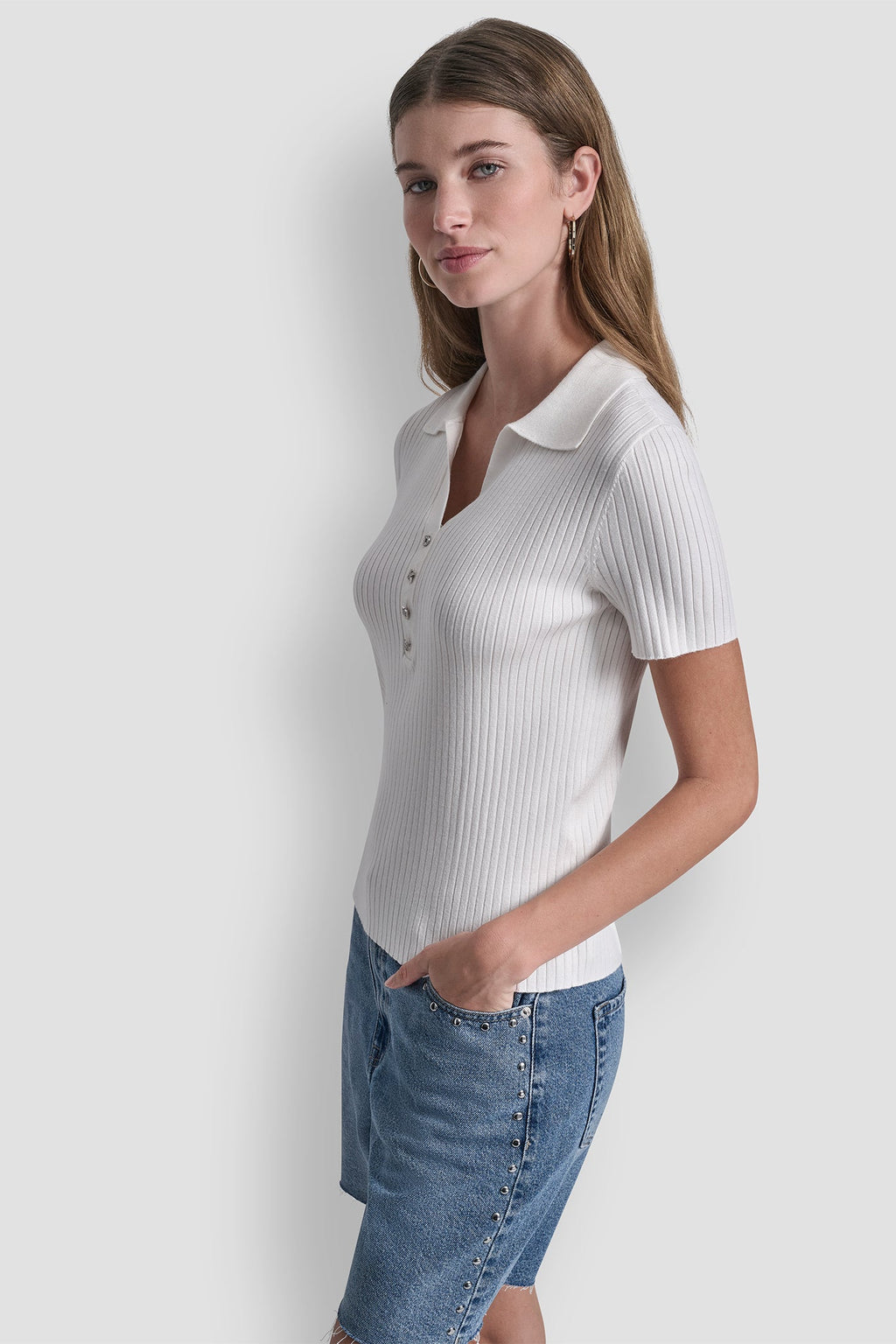 RIBBED POLO WITH RHINESTONE BUTTONS