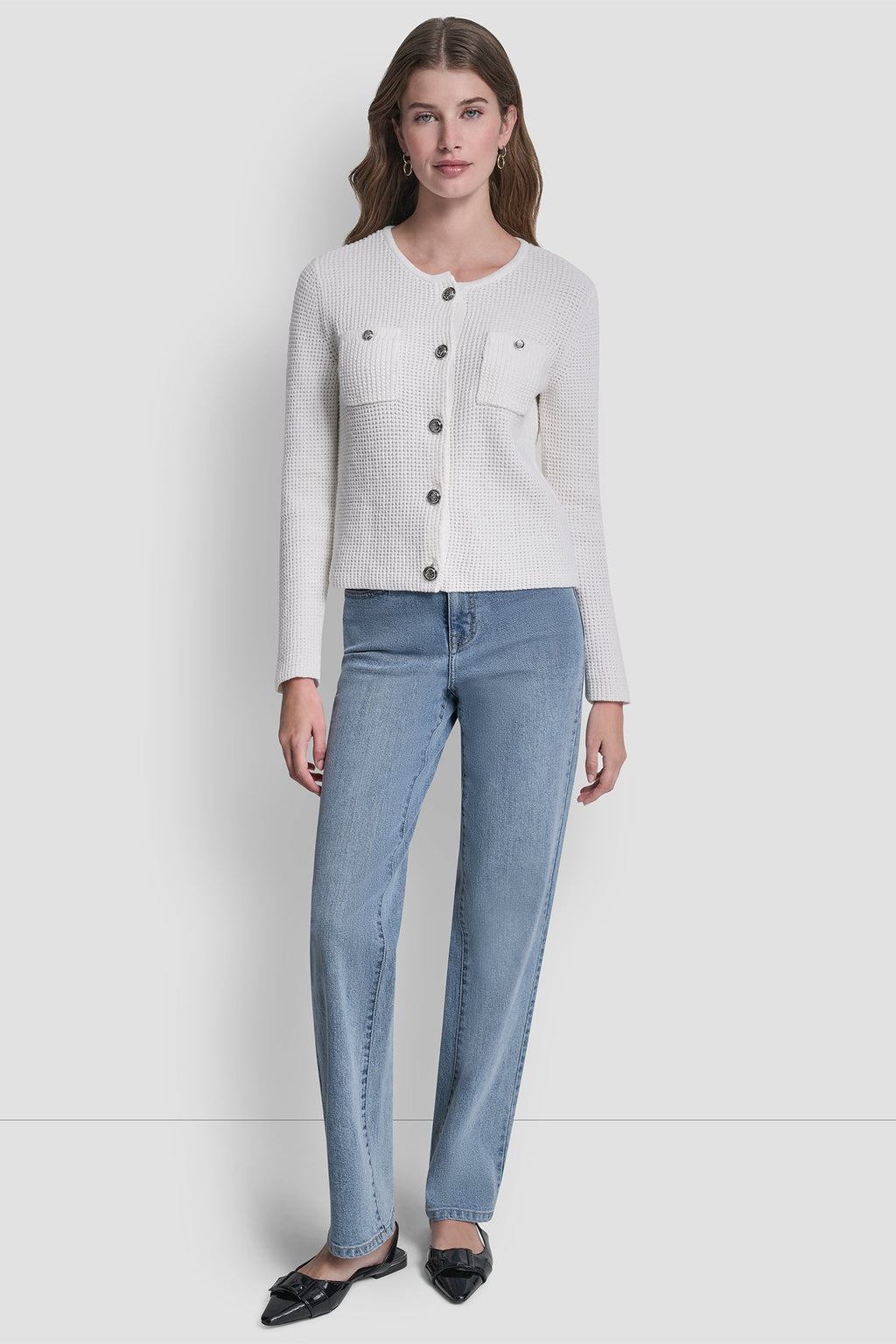 TUCK STITCH CREW NECK CARDIGAN