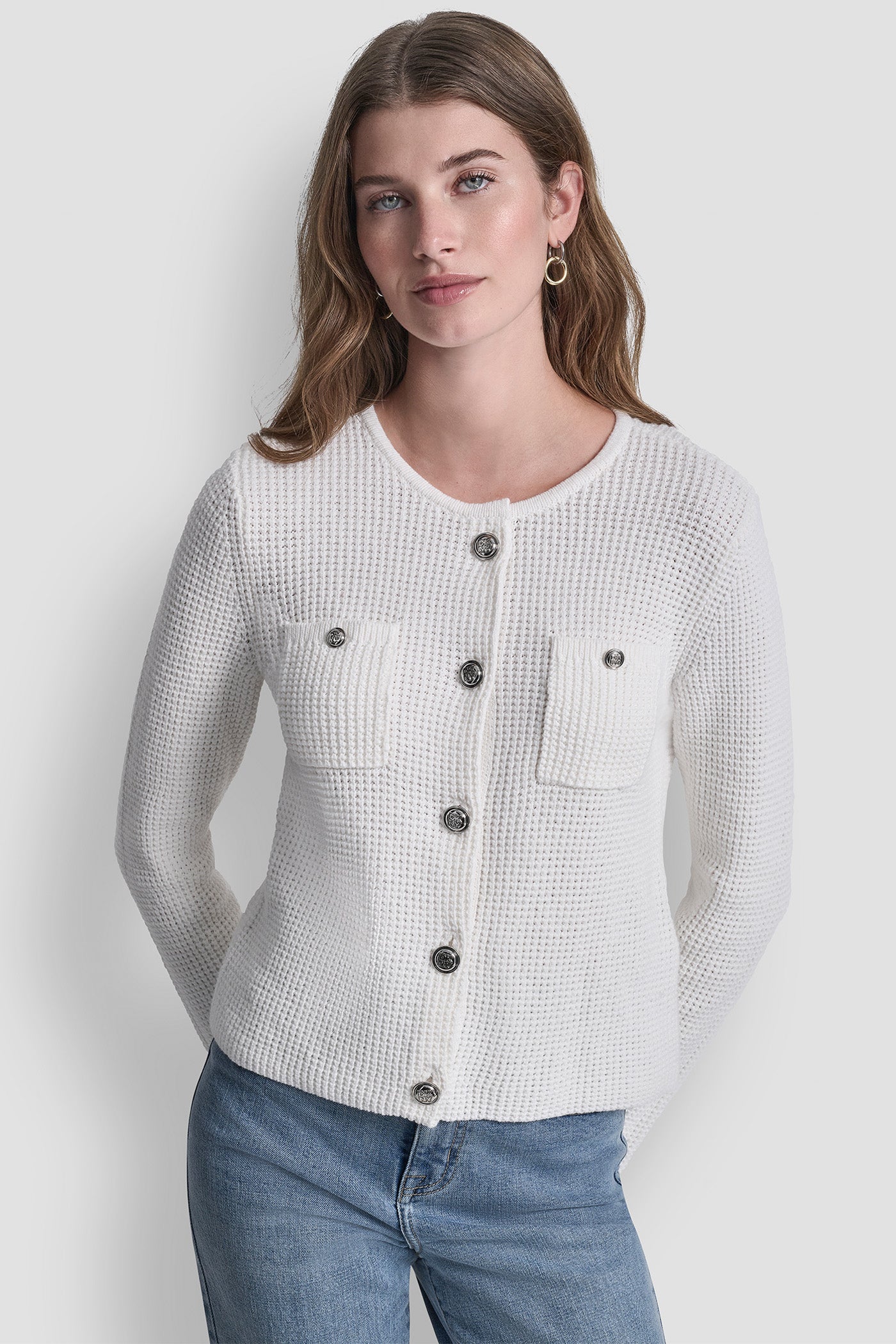 TUCK STITCH CREW NECK CARDIGAN