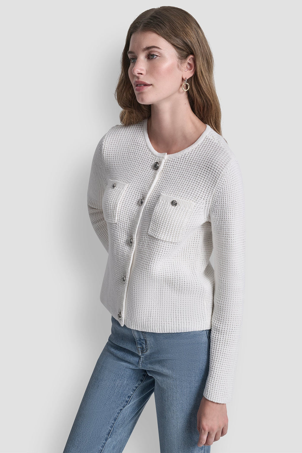 TUCK STITCH CREW NECK CARDIGAN