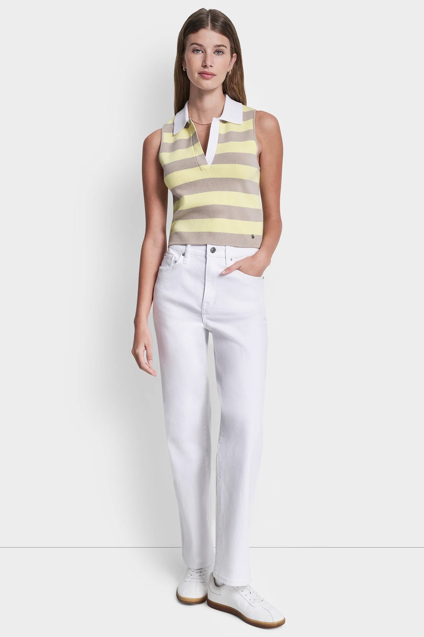 STRIPED SLEVELESS POLO SWEATER