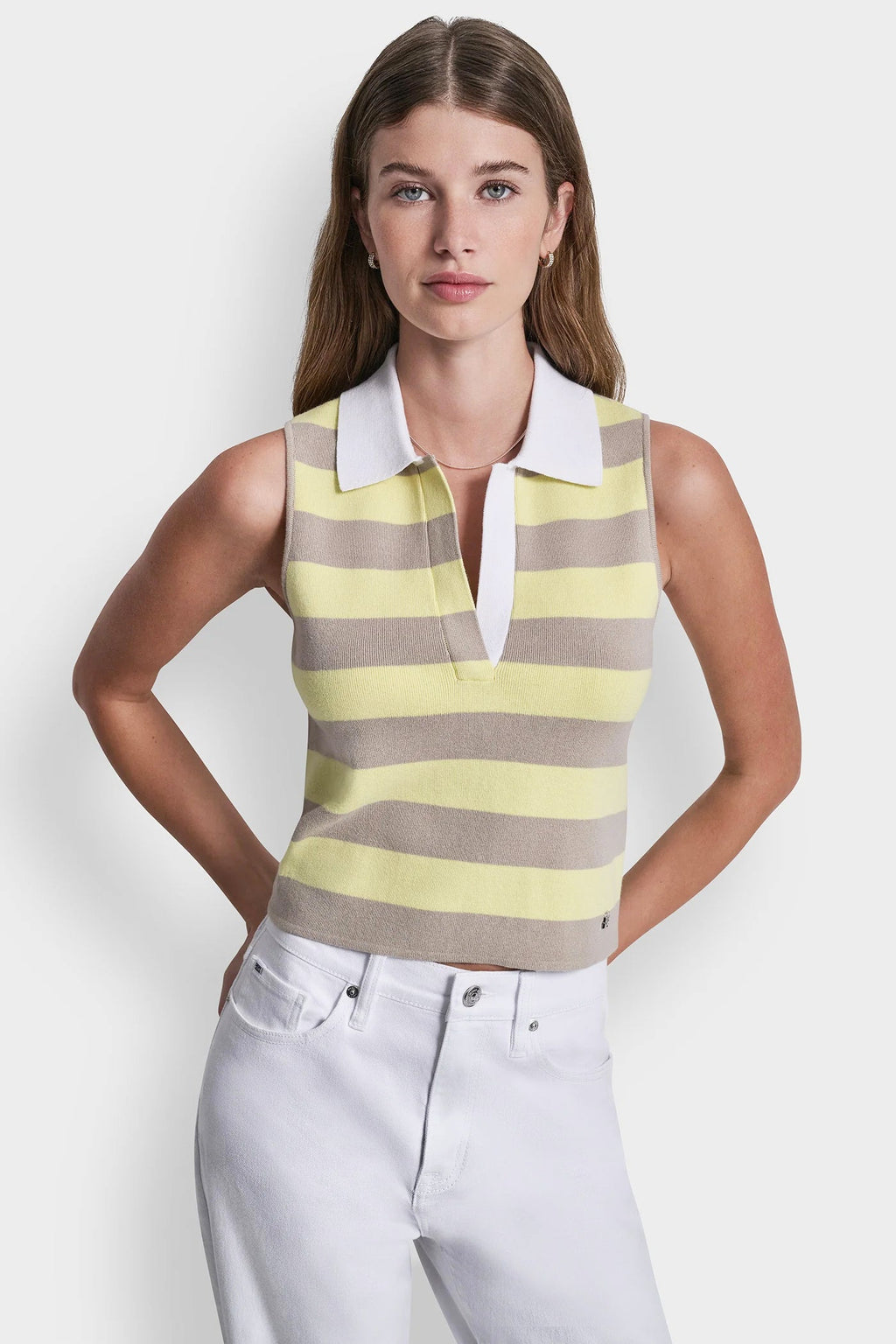 STRIPED SLEVELESS POLO SWEATER