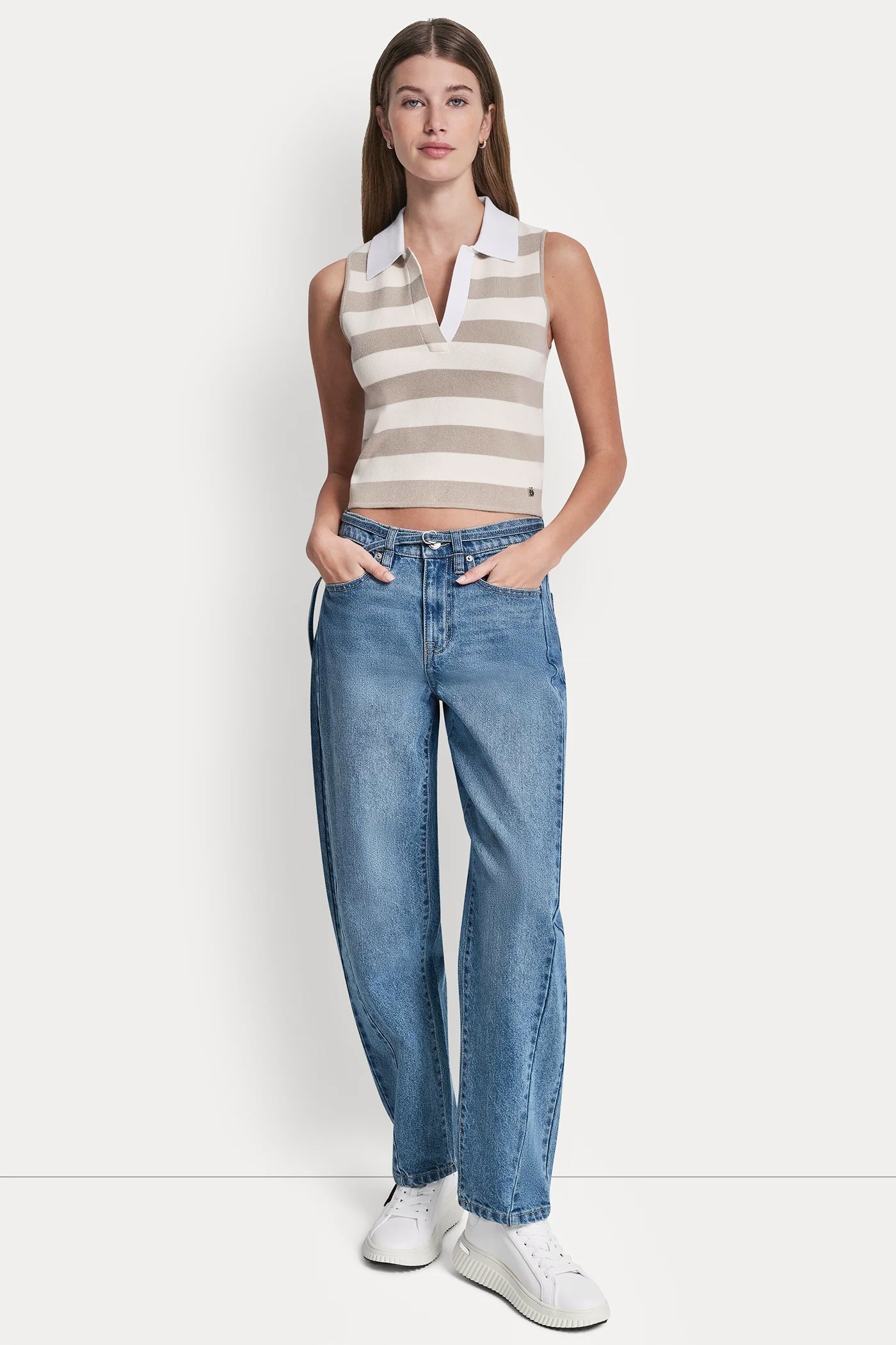 STRIPED SLEEVELESS POLO SWEATER