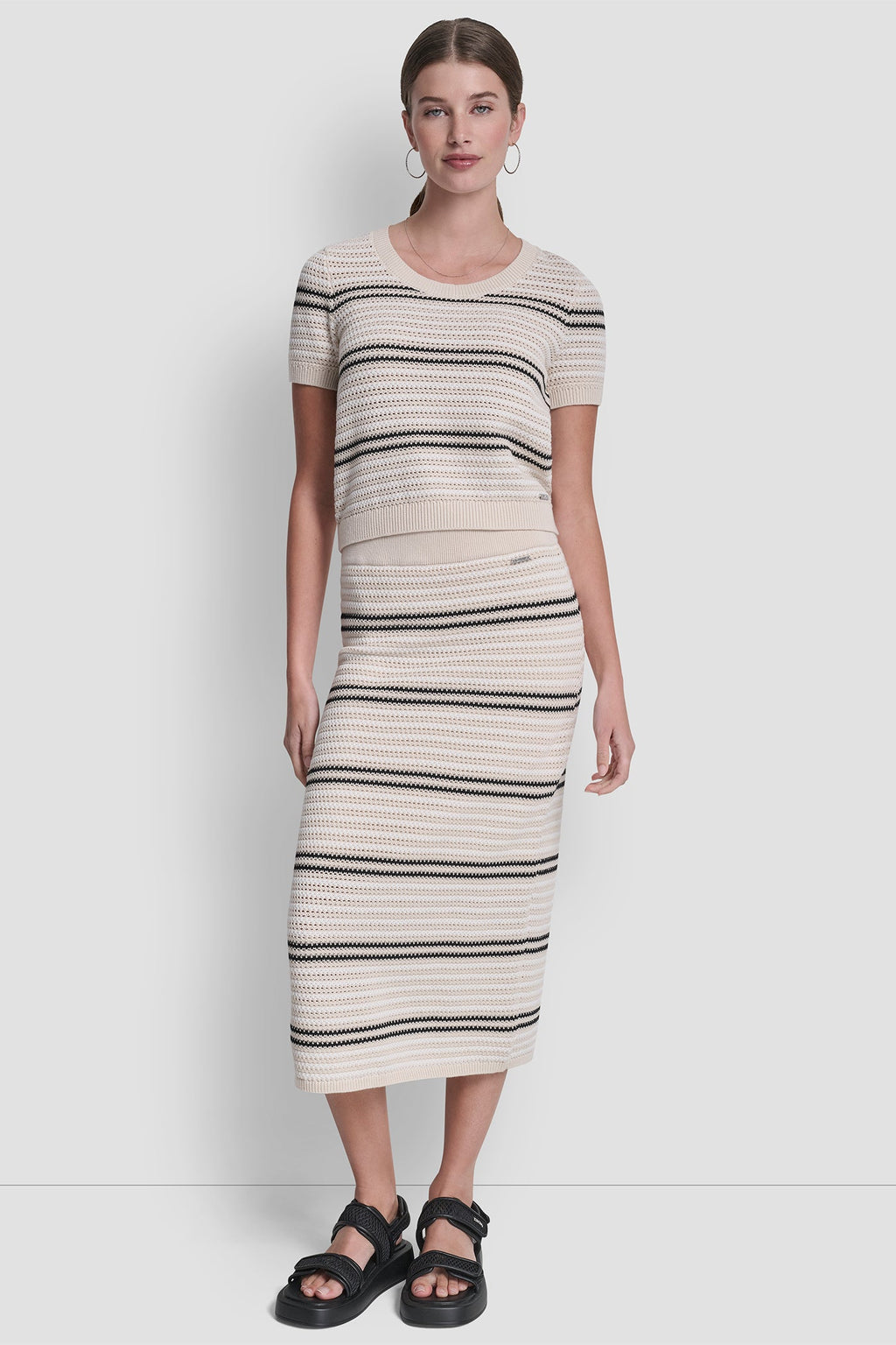 STRIPED POINTELLE STITCH SWEATER