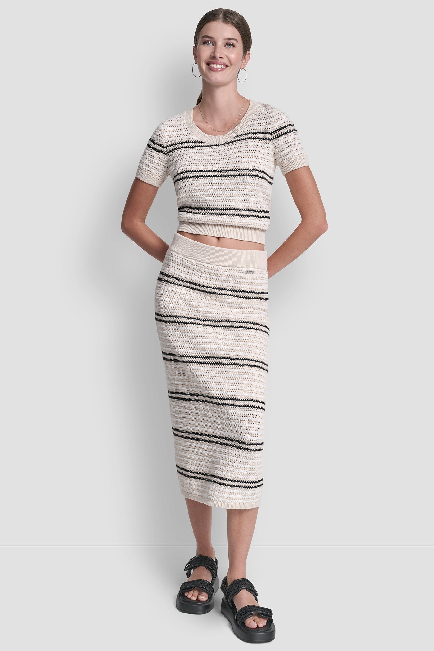 STRIPED POINTELLE STITCH MIDI SKIRT