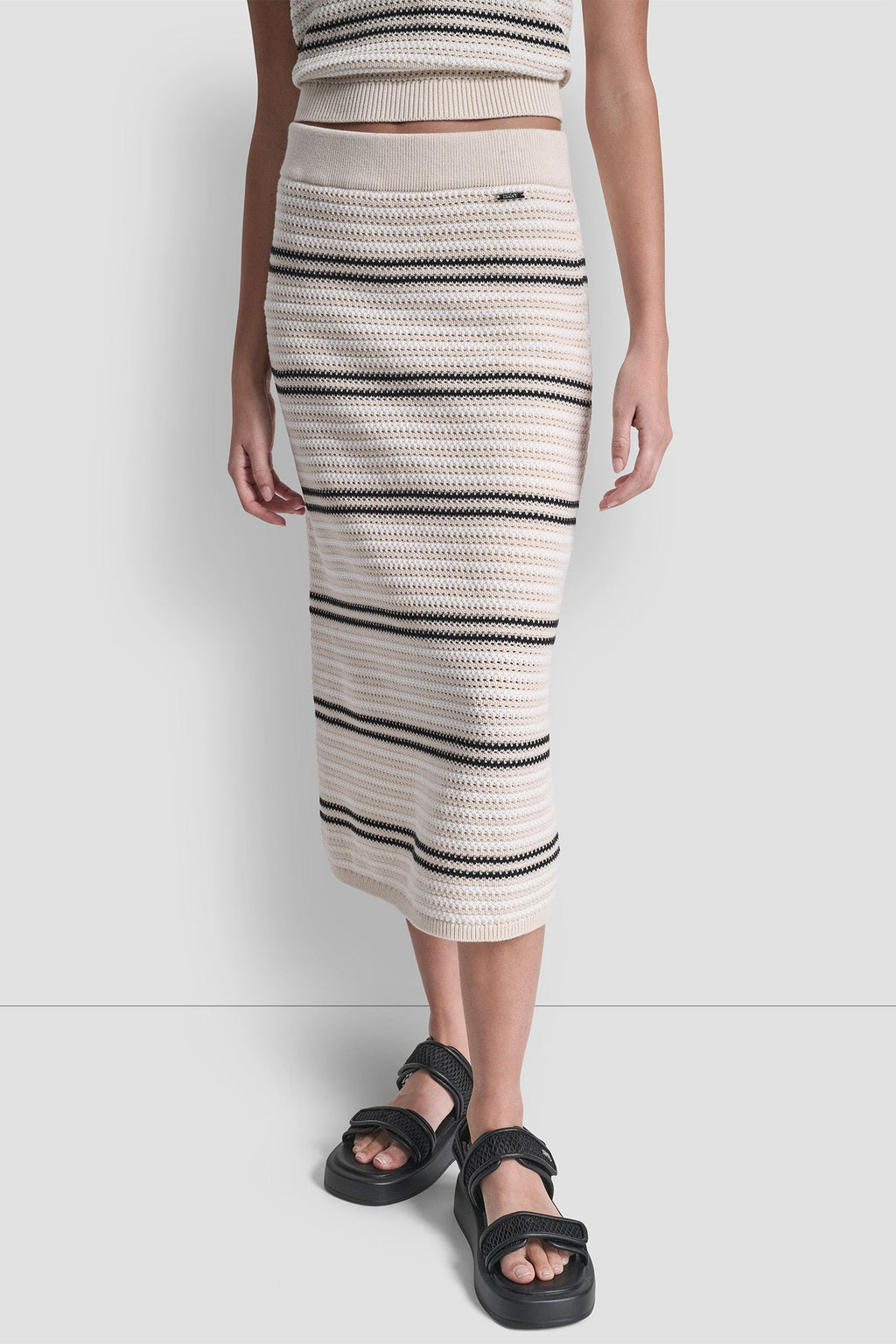 STRIPED POINTELLE STITCH MIDI SKIRT