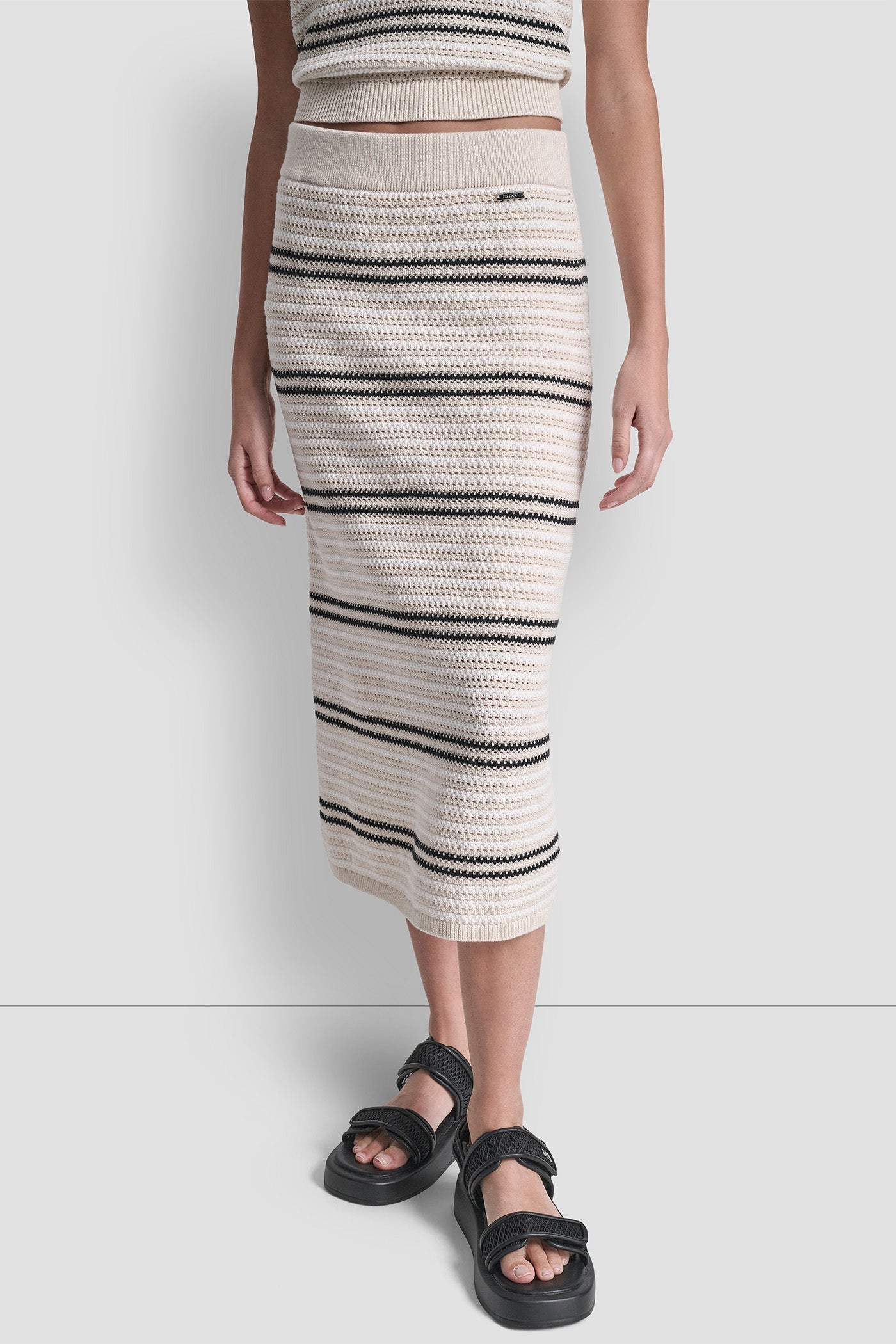 STRIPED POINTELLE STITCH MIDI SKIRT