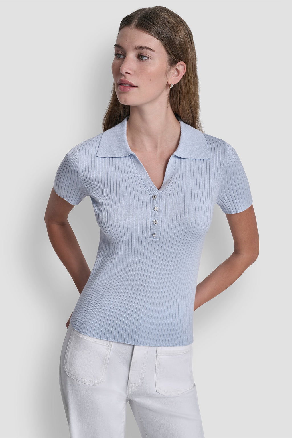 RIBBED POLO WITH RHINESTONE BUTTONS