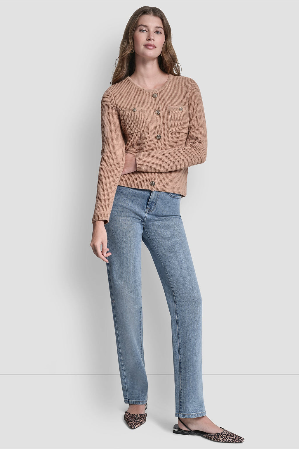 TUCK STITCH CREW NECK CARDIGAN