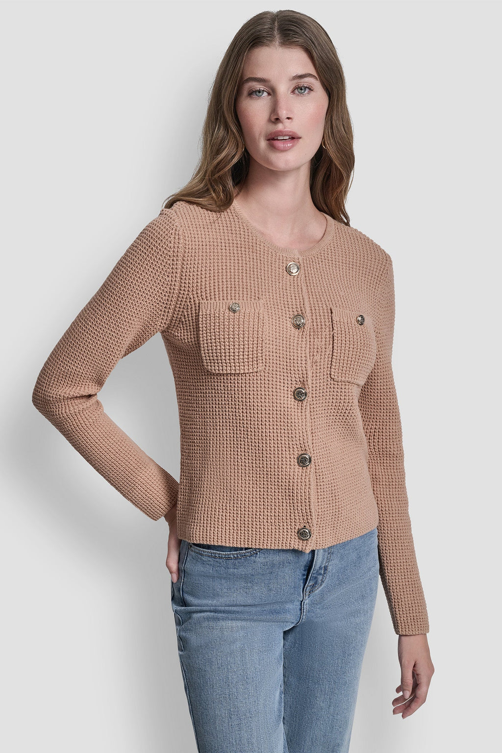 TUCK STITCH CREW NECK CARDIGAN